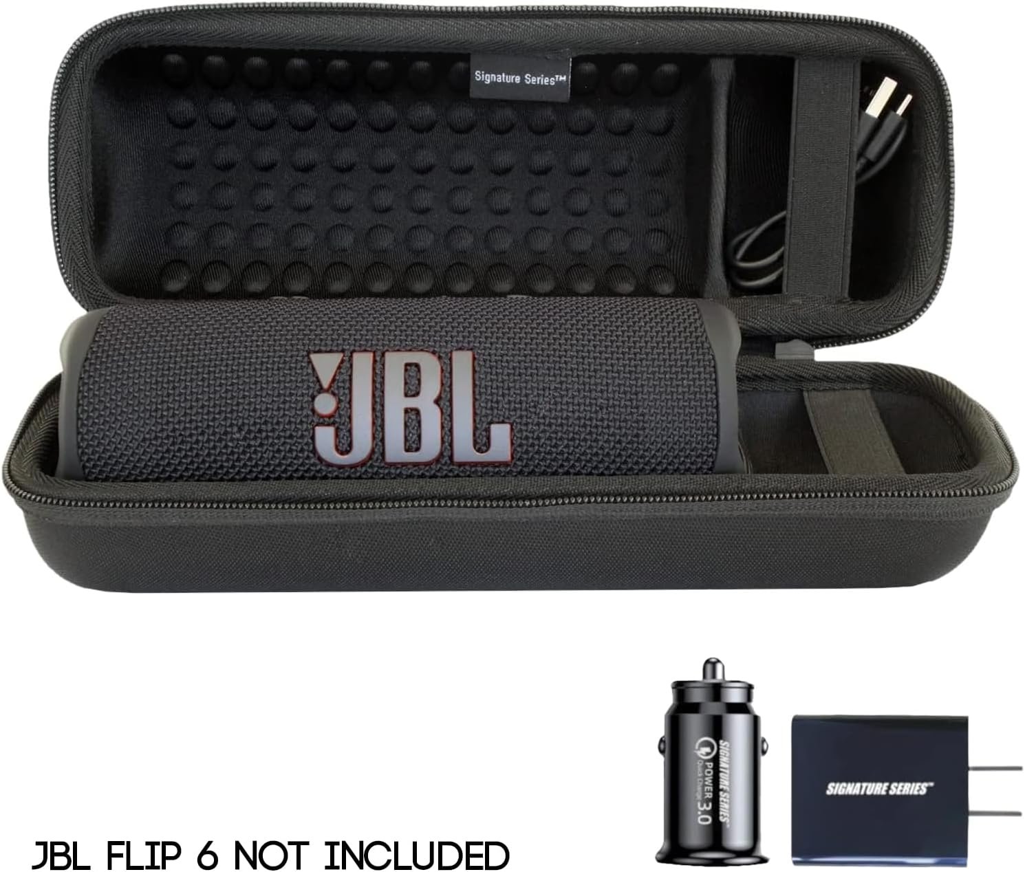 Signature Series Accessory Bundle for JBL Flip 6 Portable Bluetooth Speaker | Includes Signature Series Shockproof EVA Hard Case with Wall and Car Plugs (Black, Case Only) - Image 3