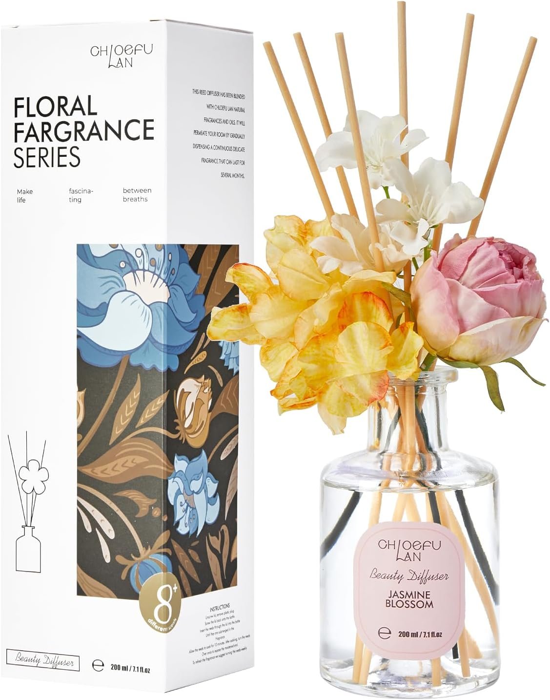 Chloefu Lan Reéd Diffuser Set 6.7oz (200ml) with 9 Sticks, Jasmine Blossom Scent Diffusers for Home, Flowers Reéd Diffuser Sticks, Scentsy Home Fragrance, Scented Oils, Home & Bathroom Décor - Image 2