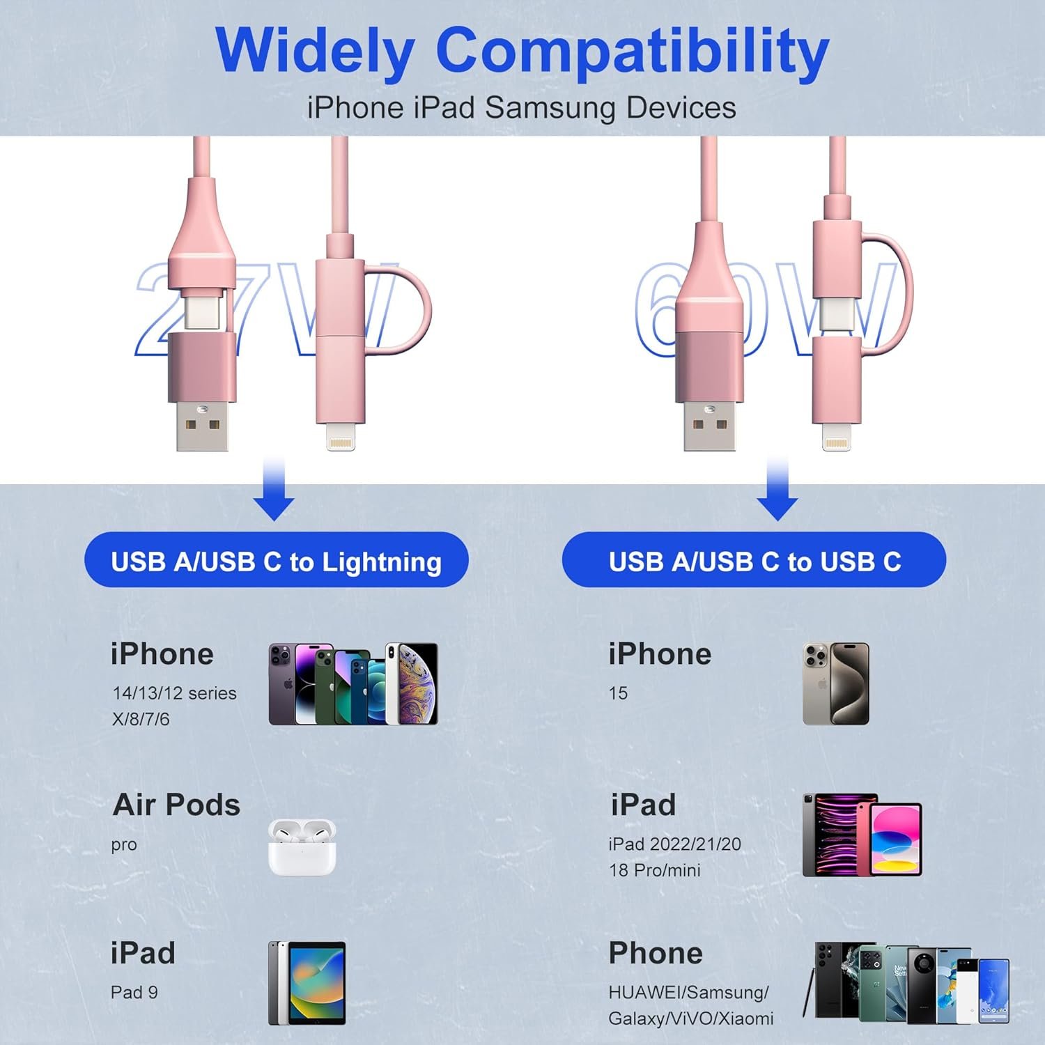 Coiled USB C to Lightning Cable 4 in 1, PD 60W Fast Charging & Data Sync,6FT Multi Charging Cable for Apple CarPlay & Android Auto,USB/USB C to USB C/Lightning Cable Combo for iPhone/Pad/Android,Pink - Image 8