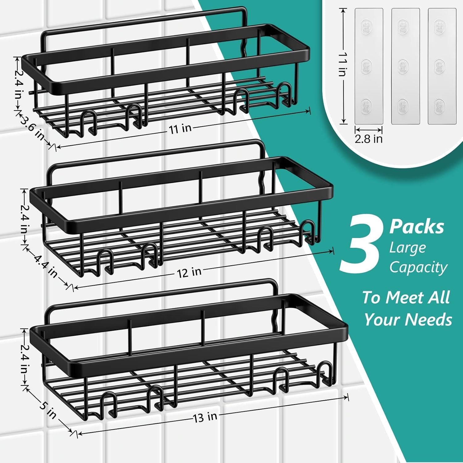 Cusbus Shower Caddy, 3 Pack Organizer, Adhesive No Drilling Traceless Shelves, Rustproof SUS304 Stainless Steel Bathroom Shelf for Inside & Kitchen Storage (Black) - Image 3