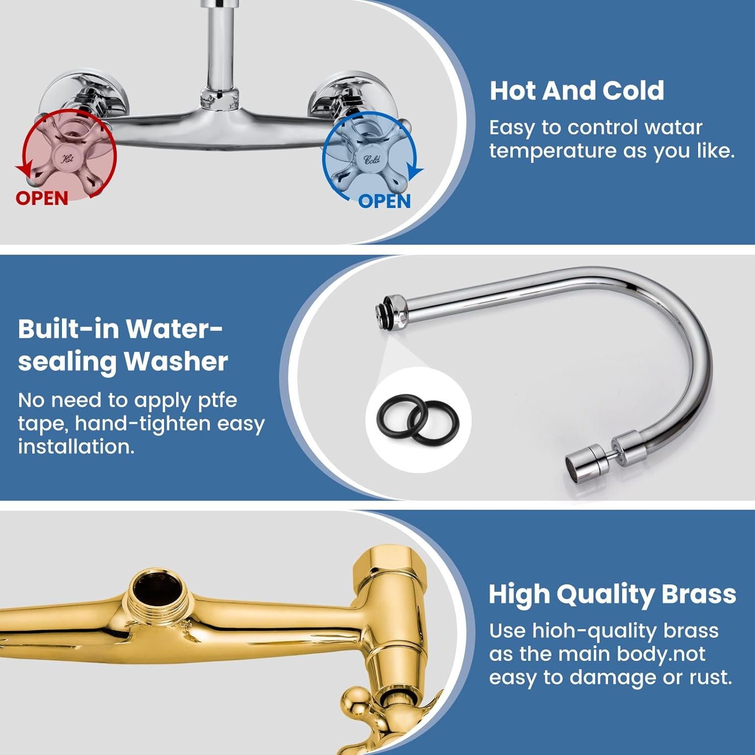 Airuida Wall Mount Kitchen Faucet with Sprayer Wall Mounted Kitchen Sink Faucet Double Cross Handles 360 Degree Swivel Spout Restaurant Mixer Tap Commercial 8 Inch Center Chrome Polish - Image 9