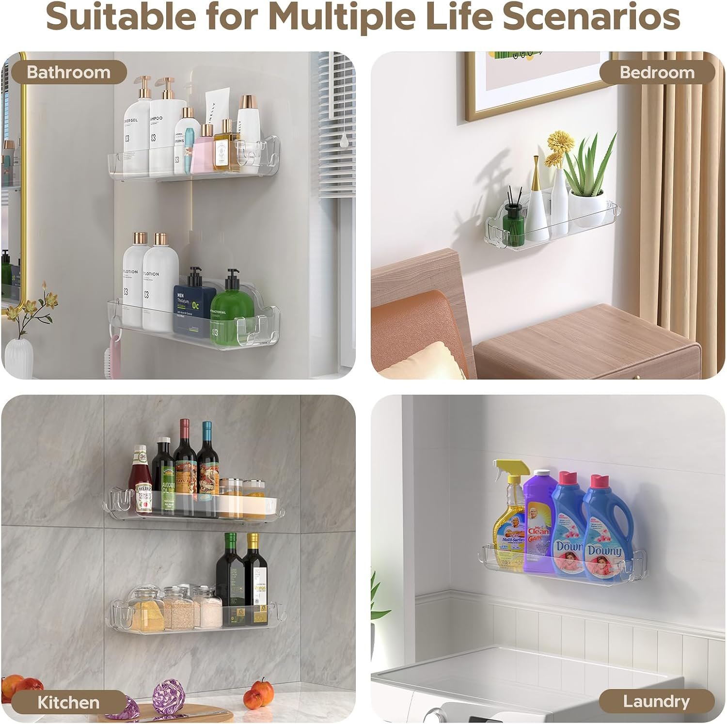 2 Pack Acrylic Shower Caddy Adhesive, No Drilling Bathroom Shower Organizers, with 4 Removable Hooks, Wall Mounted Shower Shelves, Acrylic Shower Holder Storage for Bathroom, Dorm, Kitchen - Image 6