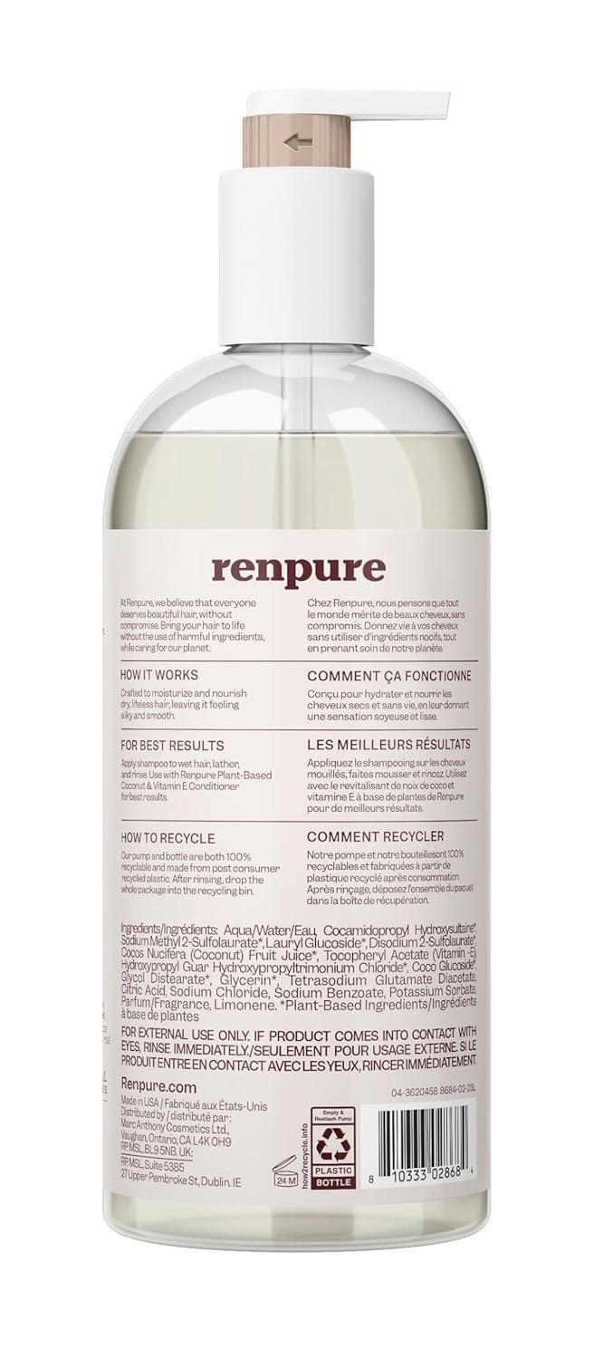 Renpure Plant Based Coconut and Vitamin E Moisturize and Replenish Shampoo - Ideal for Lifeless Hair - Leaves Hair Silky and Smooth - Rids Hair of Grime - Recyclable, Pump Bottle Design - 24 fl oz - Image 3