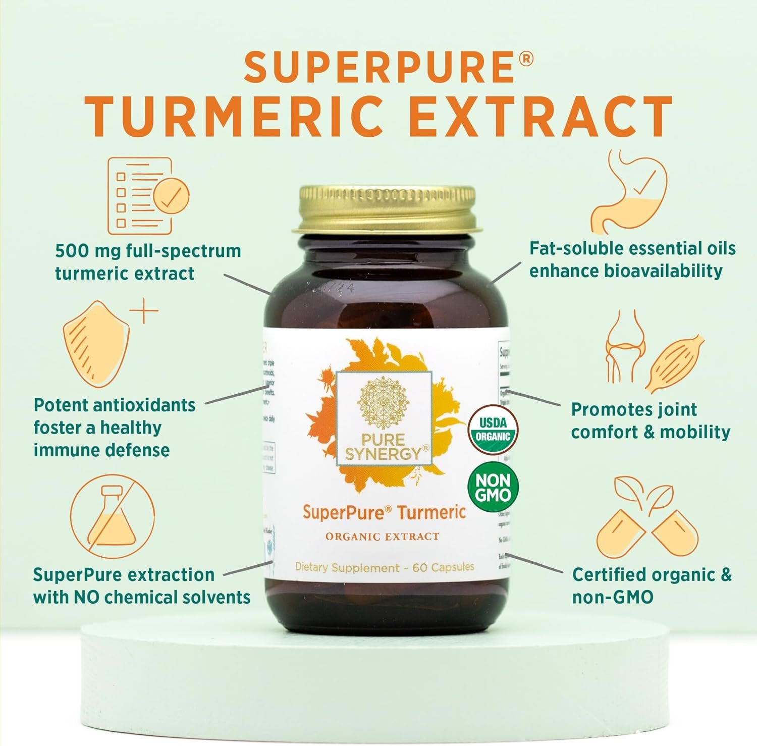 Pure Synergy SuperPure Turmeric Extract | Organic Turmeric Curcumin Supplement | 500 mg Turmeric Extract Capsules | Potent Support for Immune and Joint Health (60 Capsules) - Image 4