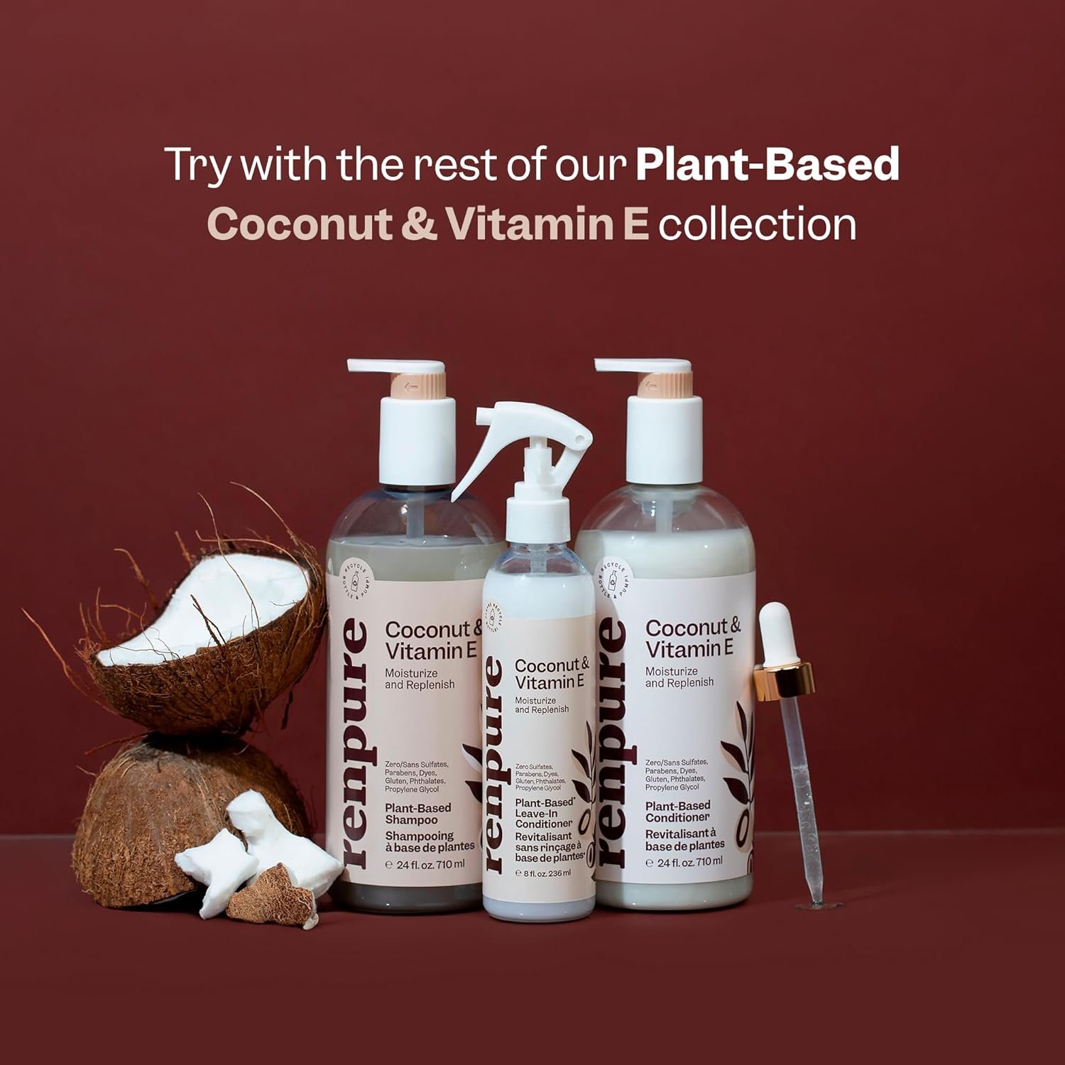 Renpure Plant Based Coconut and Vitamin E Moisturize and Replenish Shampoo - Ideal for Lifeless Hair - Leaves Hair Silky and Smooth - Rids Hair of Grime - Recyclable, Pump Bottle Design - 24 fl oz - Image 7