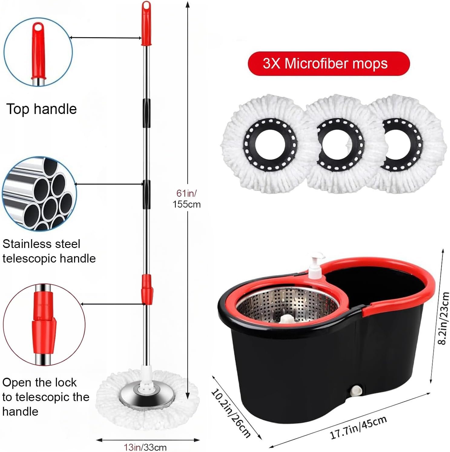 Spin Mop and Bucket with Wringer Set, 360° Spinning Mop Bucket System with 3 Microfiber Mop Replacement Heads Refills, 61" Stainless Steel Extended Handle for Floor Cleaning Home Office(20QT) - Image 3