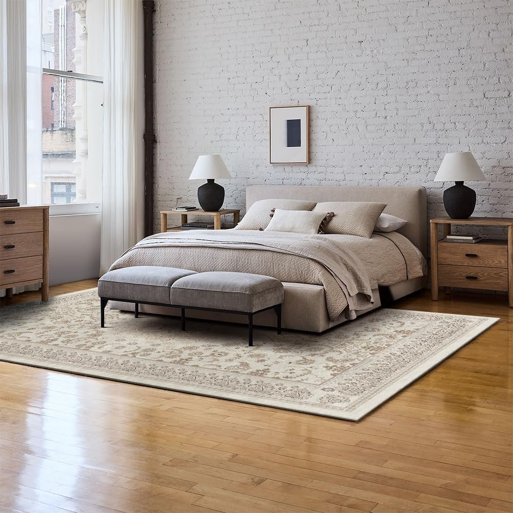 Artoid Mode Beige Traditional Medallion Border Area Rug, Home Decor Low-Profile Area Rugs for Entryway Bedroom Living Room Laundry Room Indoor 5x7 Feet - Image 5