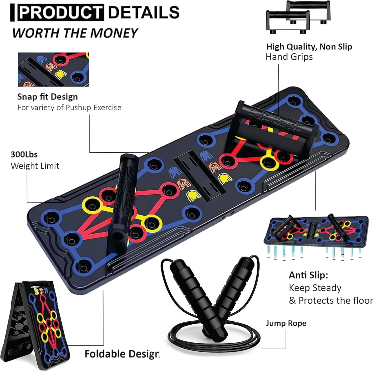 Push Up Board for Men & Women with Jumping Rope - Foldable Pushup Board, Multi-Function Push Up Board for Floor - Fitness Strength & Exercise Training Equipment for Home Workout - Image 3