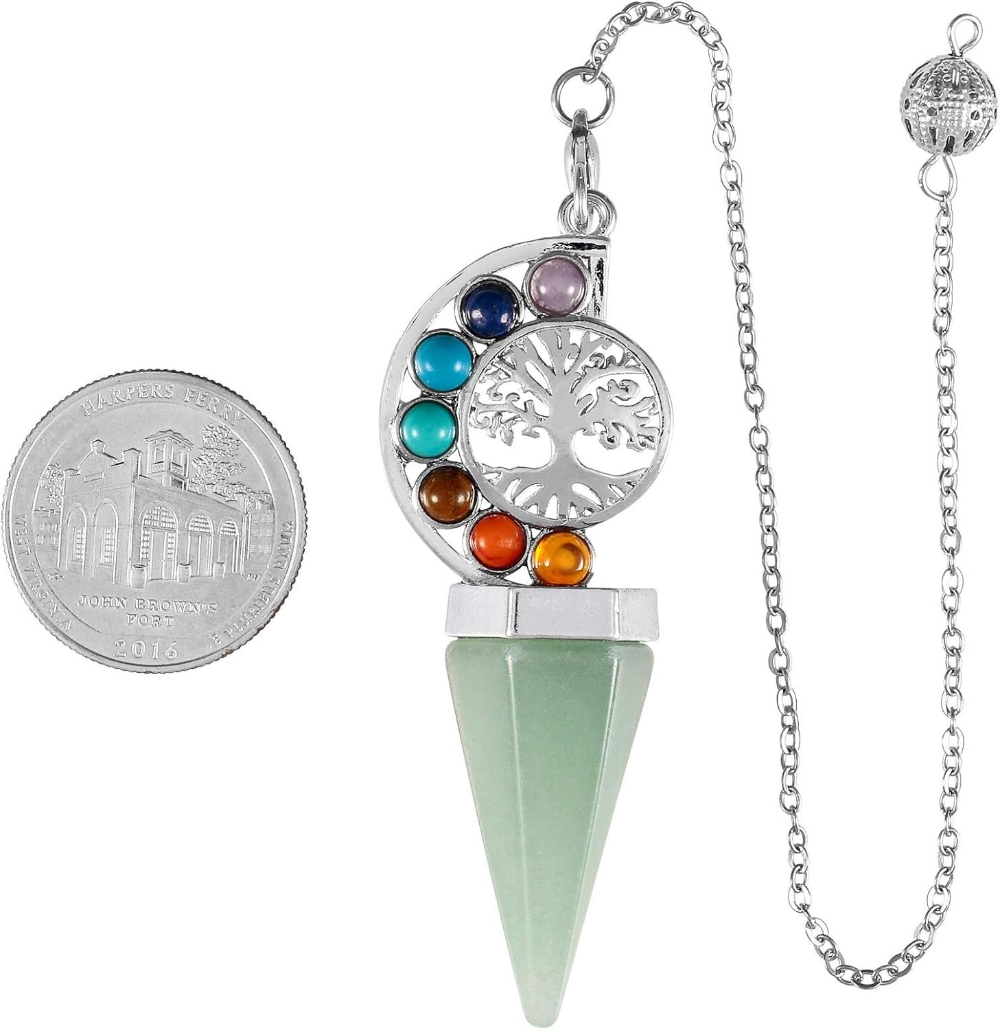 SUNYIK 7 Chakra Tree of Life Crystal Pointed Pendulum, Facted Healing Crystal Stone Pendulum for Dowsing and Divination, Green Aventurine - Image 3
