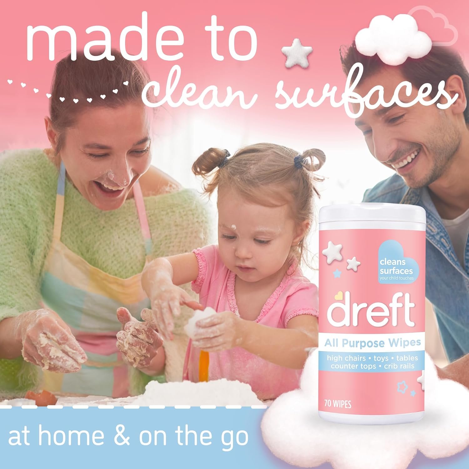 Dreft Multi-Surface All-Purpose Gentle Cleaning Wipes for Baby Toys, Car Seat, High Chair & More, 70 Count (Pack of 4) - Image 3