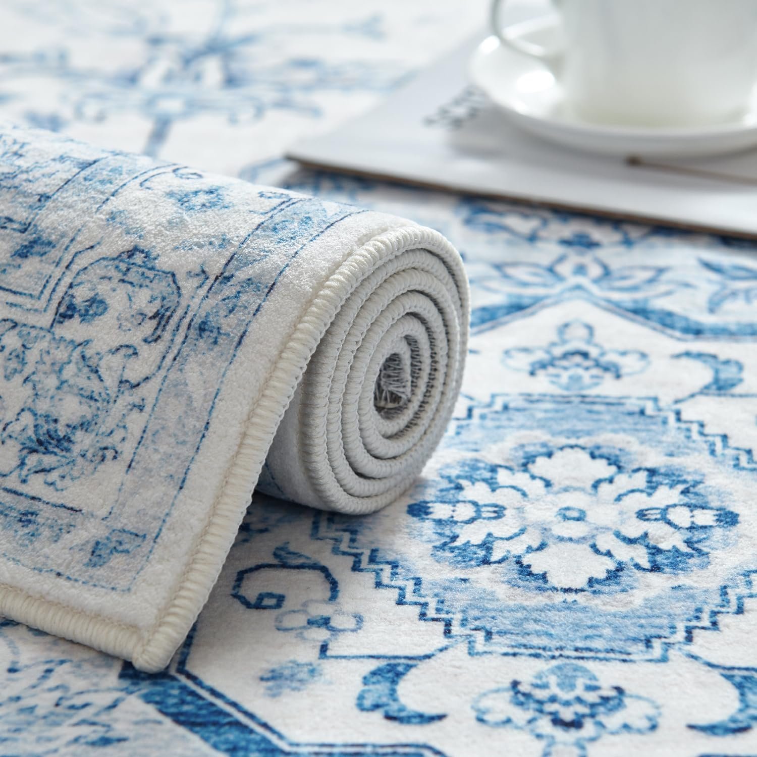 jinchan Area Rug 3x5 Medallion Floral Rug Washable Rug Accent Rug Floor Cover Non Slip Living Room Rug Vintage Rug Retro Thin Carpet Soft Rug for Bedroom Dining Room Kitchen Distressed Blue - Image 6