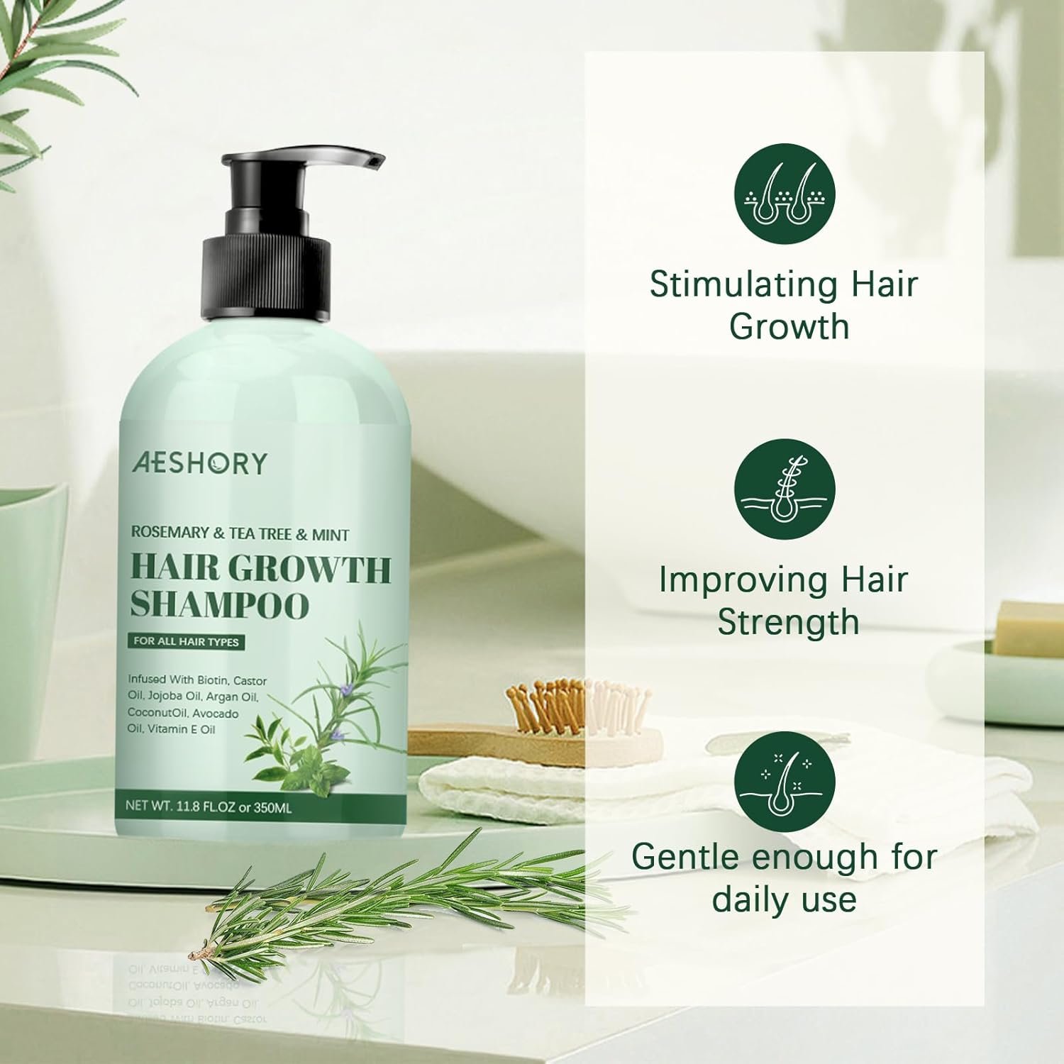 Rosemary Hair Growth Shampoo - Rosemary Mint Strengthening Shampoo with Tea Tree, Biotin, Castor Oil for Thinning Hair and Hair Loss, 11.8 Fl. oz - Image 5