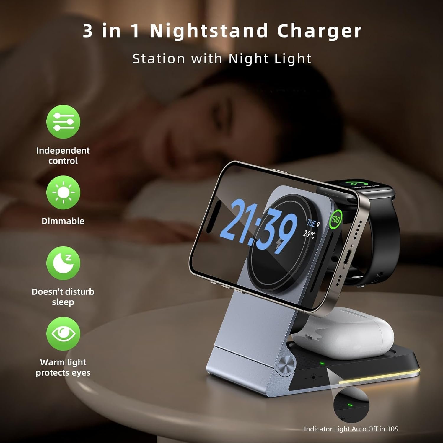 Foldable 3 in 1 Wireless Charging Station for Apple Magsafe Mutiple Devices-15W Fast Magnetic Wireless Charger Stand Dock for iPhone,Airpod,Apple Watch,Aluminum Portable Travel Charger with Nightlight - Image 7