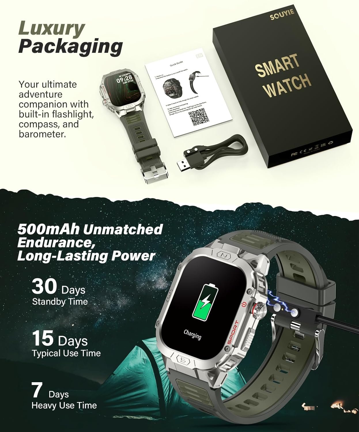 SOUYIE Smart Watch for Men with LED Flashlight, 2.02" HD Display Rugged Outdoor Sport Smartwatch with Compass/Altimeter/Barometer, Waterproof Fitness Tracker, Heart Rate Sleep Monitor for iOS Android - Image 9