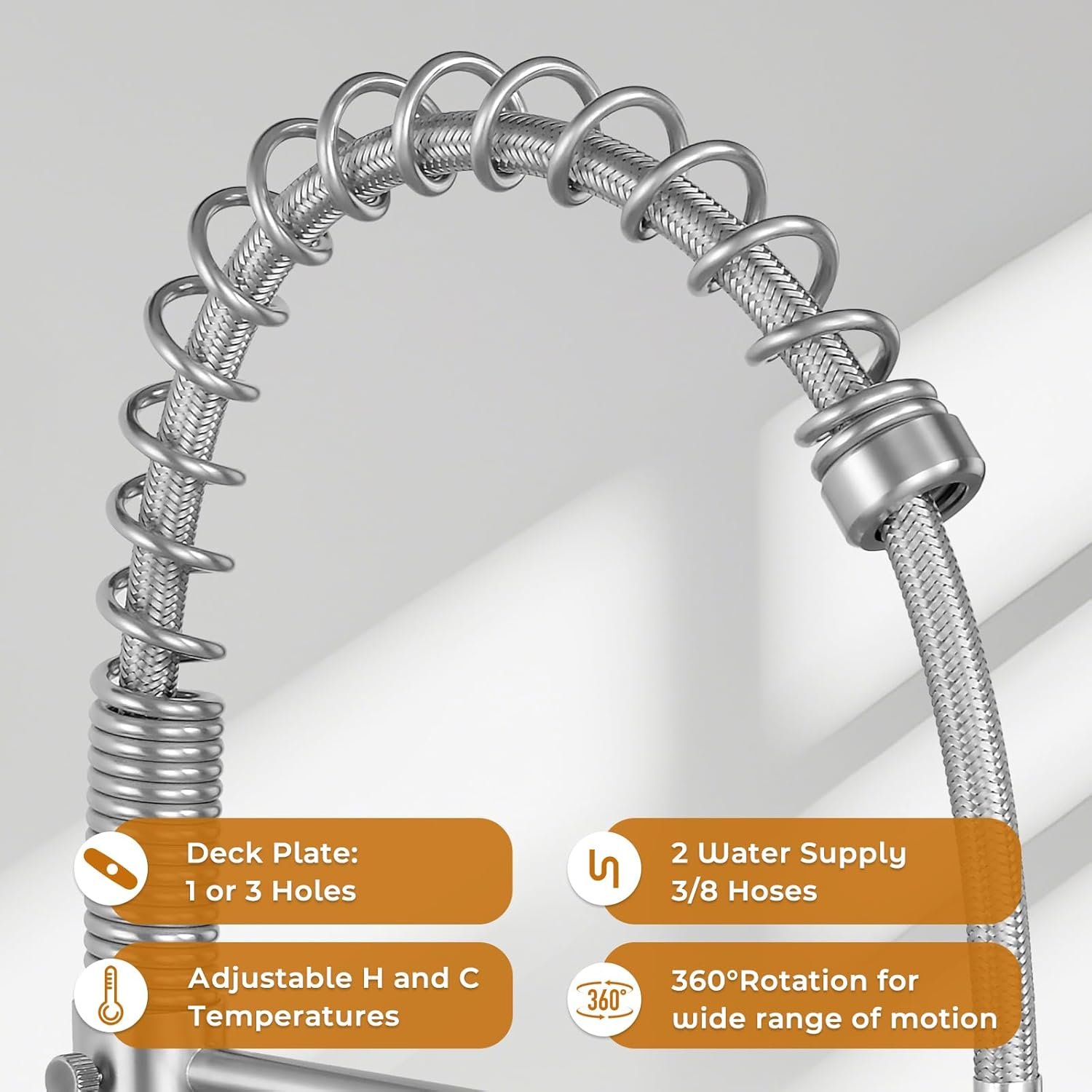 AKL Commercial Dual Spout Kitchen Faucet, Single Handle Spring Kitchen Faucets with Pull Down Sprayer, Stainless Steel Kitchen Sink Faucet with Deck Plate, Brushed Nickel - Image 7