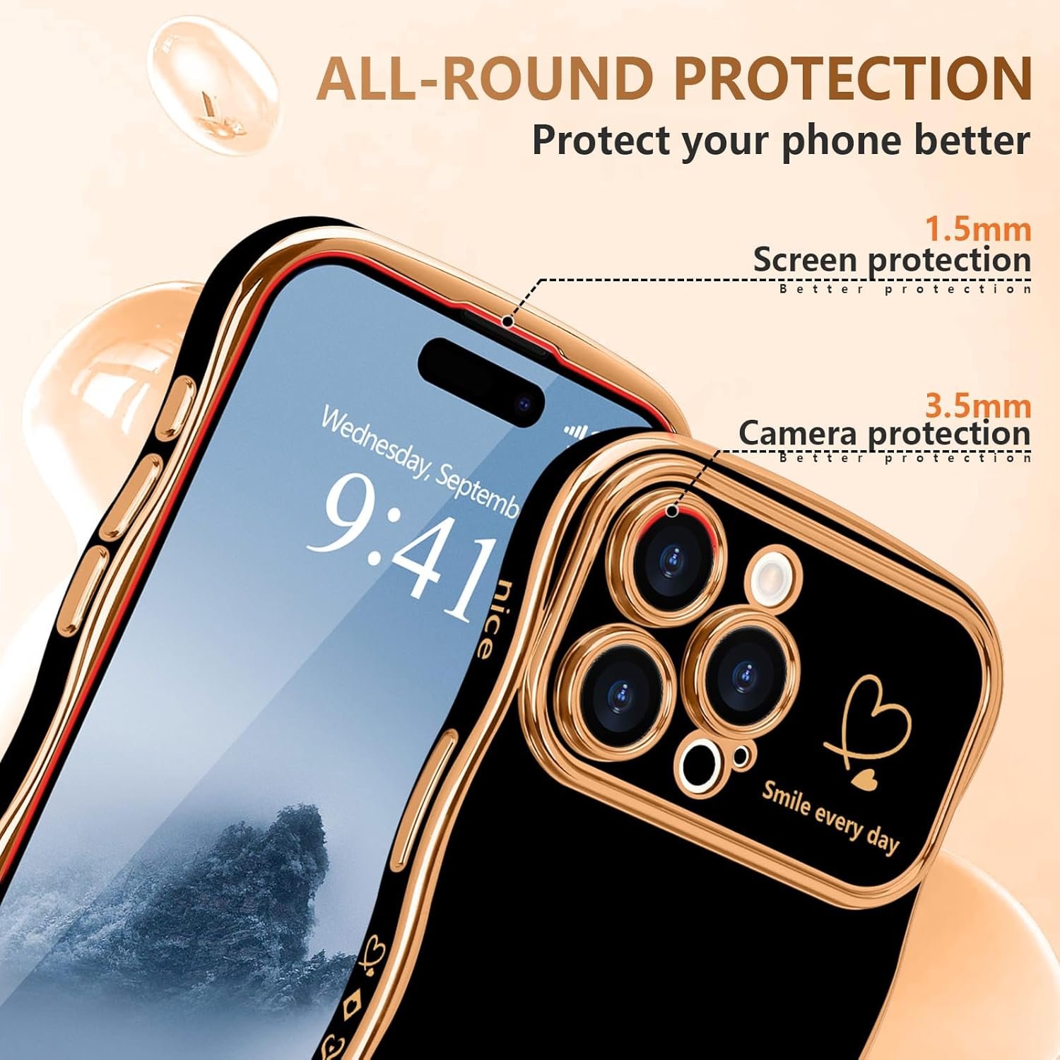 LCHULLE for iPhone 14 Pro Max Case for Women Girls, Cute Wave Frame Curly Shape with Love Heart Pattern Raised Camera Protection Cover Luxury Plating Shockproof Phone Case for iPhone 14 Pro Max, Black - Image 5