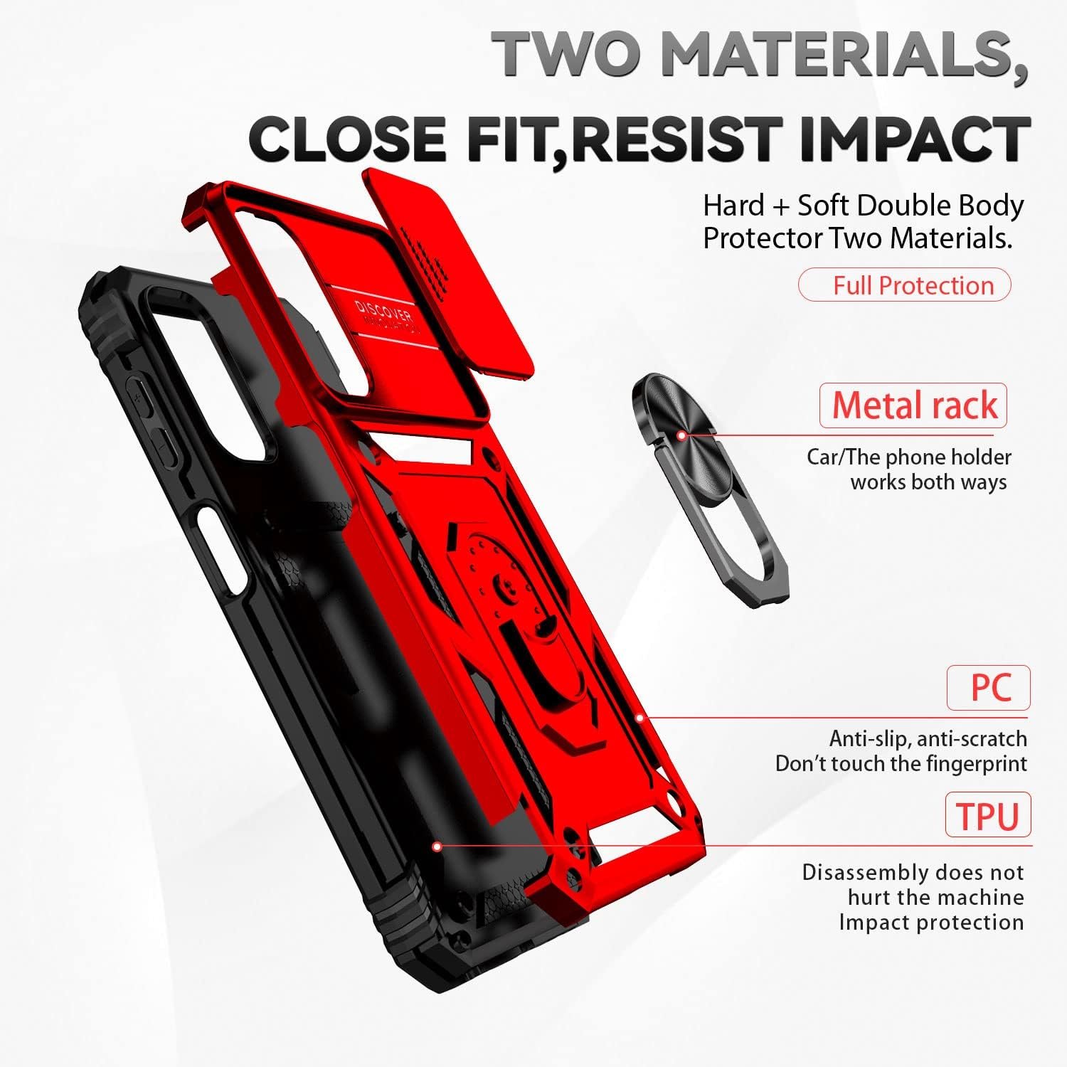 for Galaxy A14 5G Phone Case with Camera Lens Cover HD Screen Protector, Dual Layer Military-Grade Drop Tested Magnetic Ring Holder Kickstand Protective Phone Case for Samsung A14 (Red) - Image 6