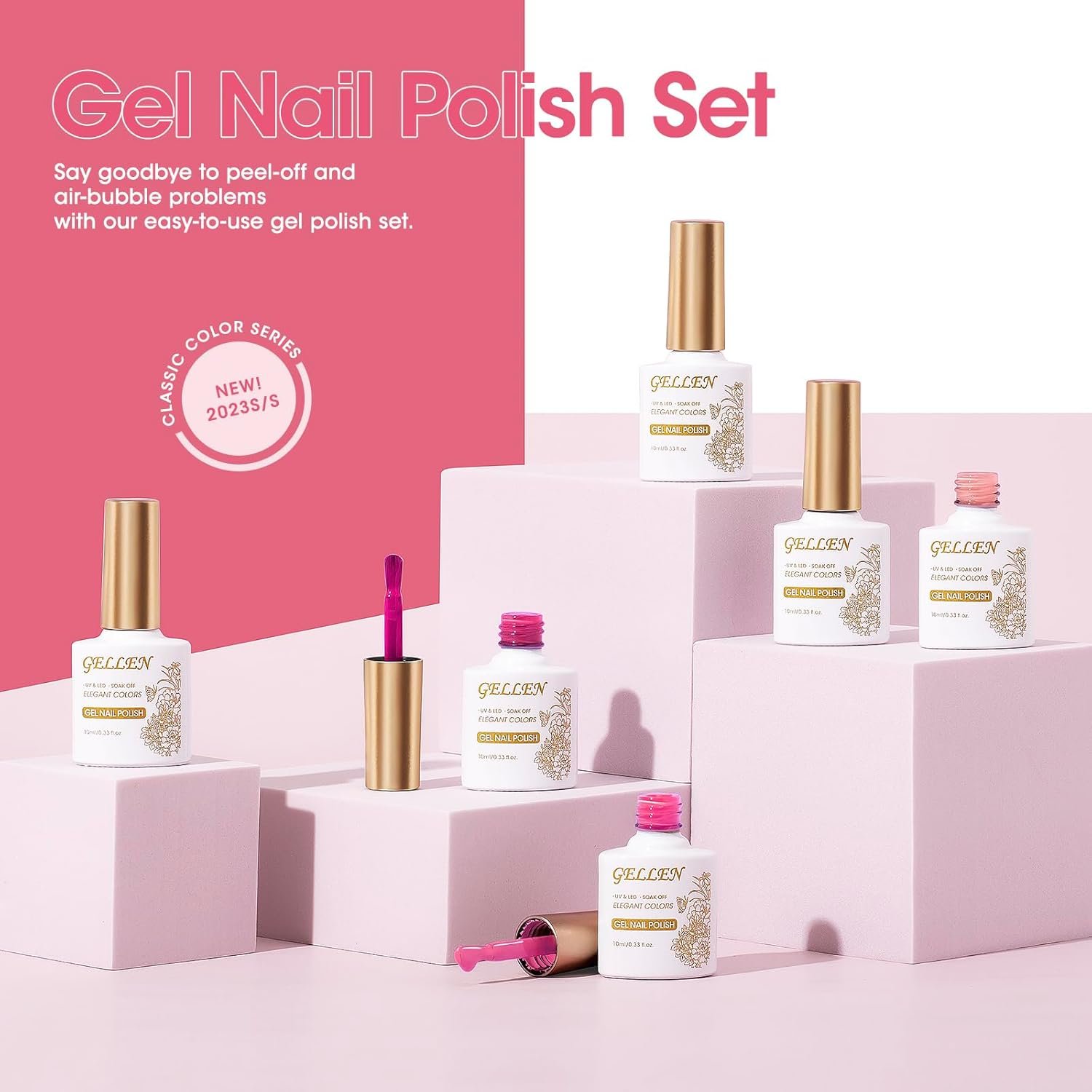 Gellen Pink Gel Nail Polish Kit - 6 Colors Hot Pink Series Rose Peach Magenta Tone, Classic Bright Pink Red Nail Gel Shades Soak Off Nail Art Home DIY Gel Manicure Set Valentine - Image 3