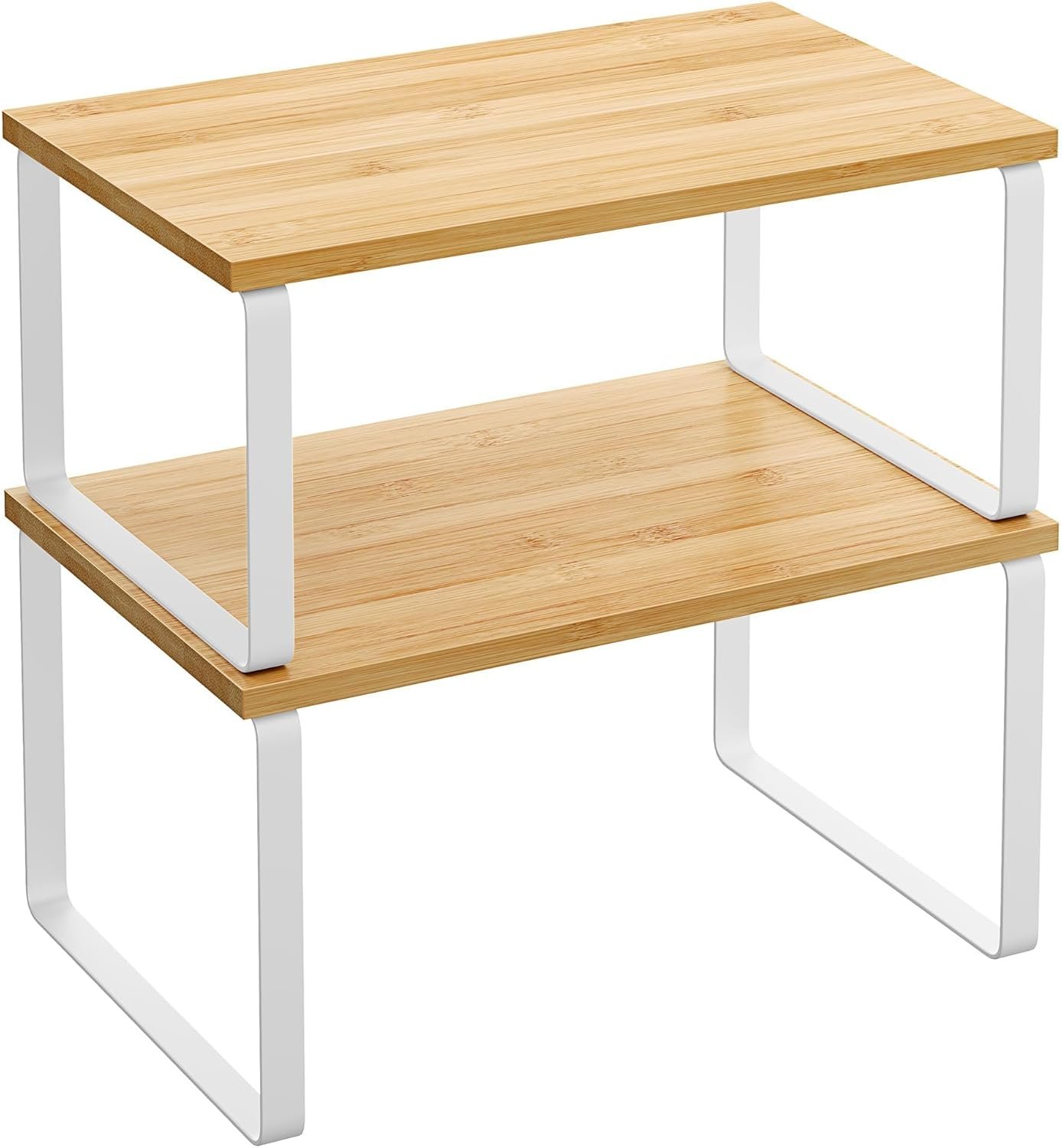 SONGMICS Cabinet Organizer Shelf, Set of 2 Kitchen Counter Shelves, Kitchen Storage, Spice Rack, Stackable, Expandable, Metal and Engineered Wood, Cloud White and Natural Beige UKCS02NW - Image 2