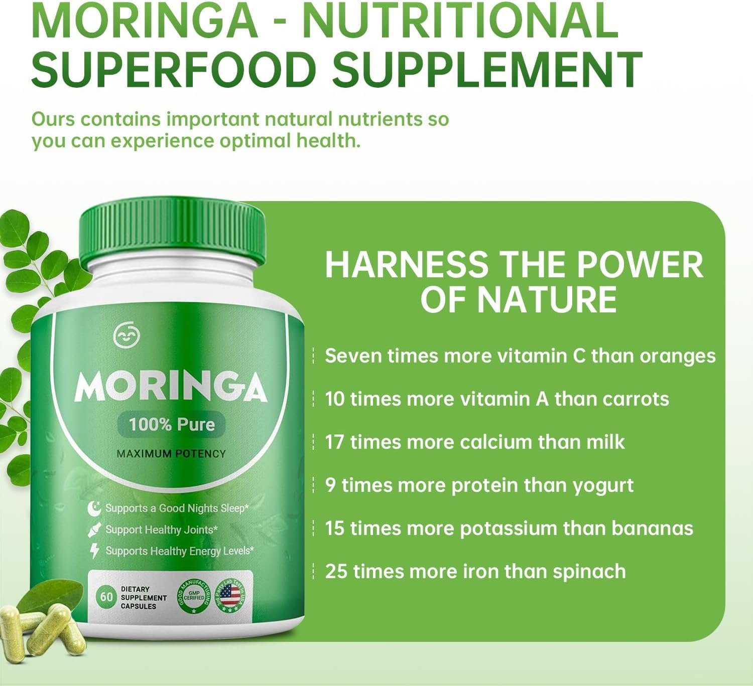 Moringa Powder Capsules Pure Nutrient Rich Moringa Powder Natural Green Antioxidant Superfood Supports Energy Skin Health Gut Health with Essential Vitamins and Amino Acids (Pack of 1) - Image 7