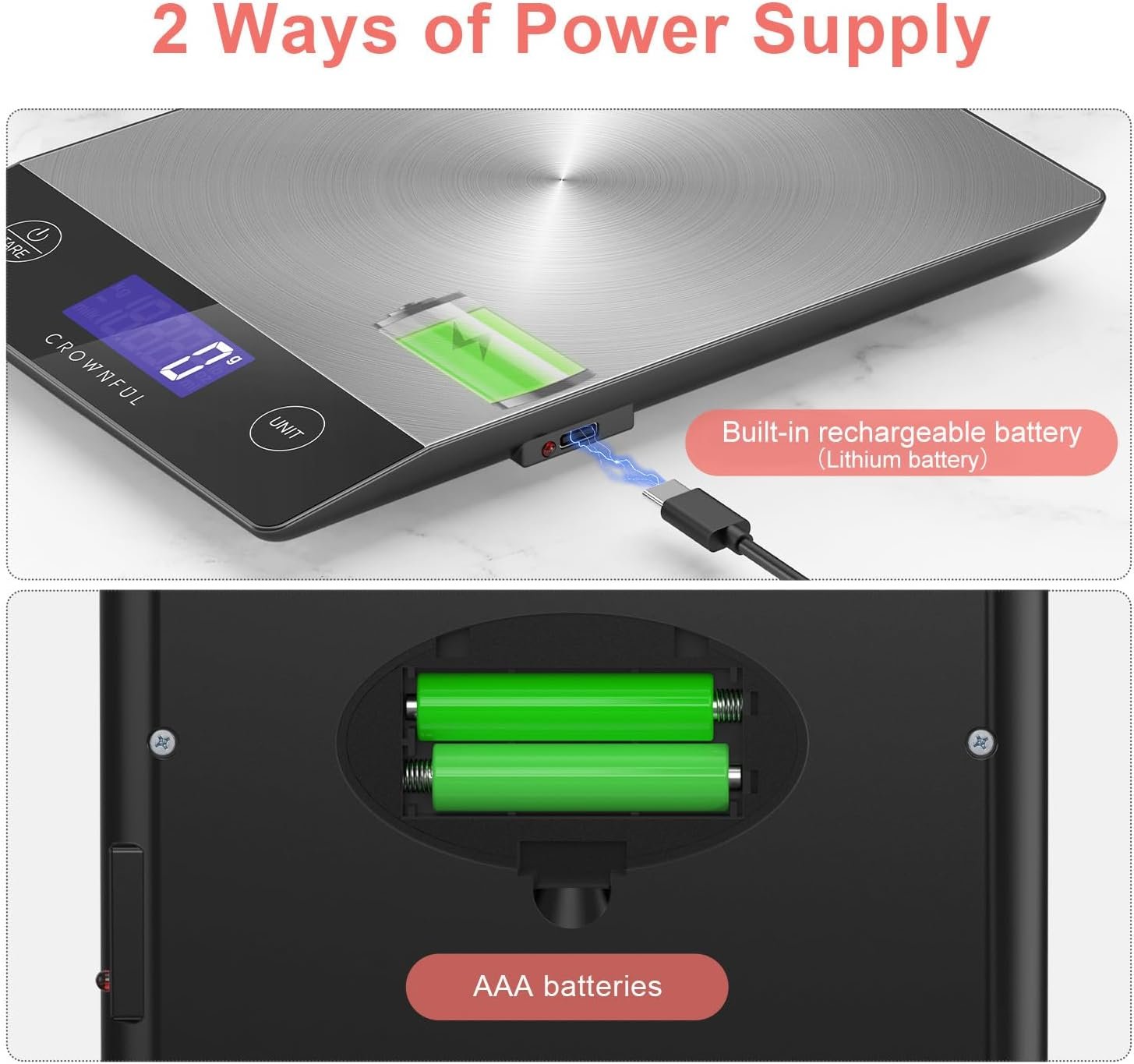 CROWNFUL Food Scale, Rechargeable 304 Stainless Steel Digital Kitchen Scale Upto 33lb Weight Grams and Ounces with LCD Display and Type-C Charging for Baking and Cooking - Image 3