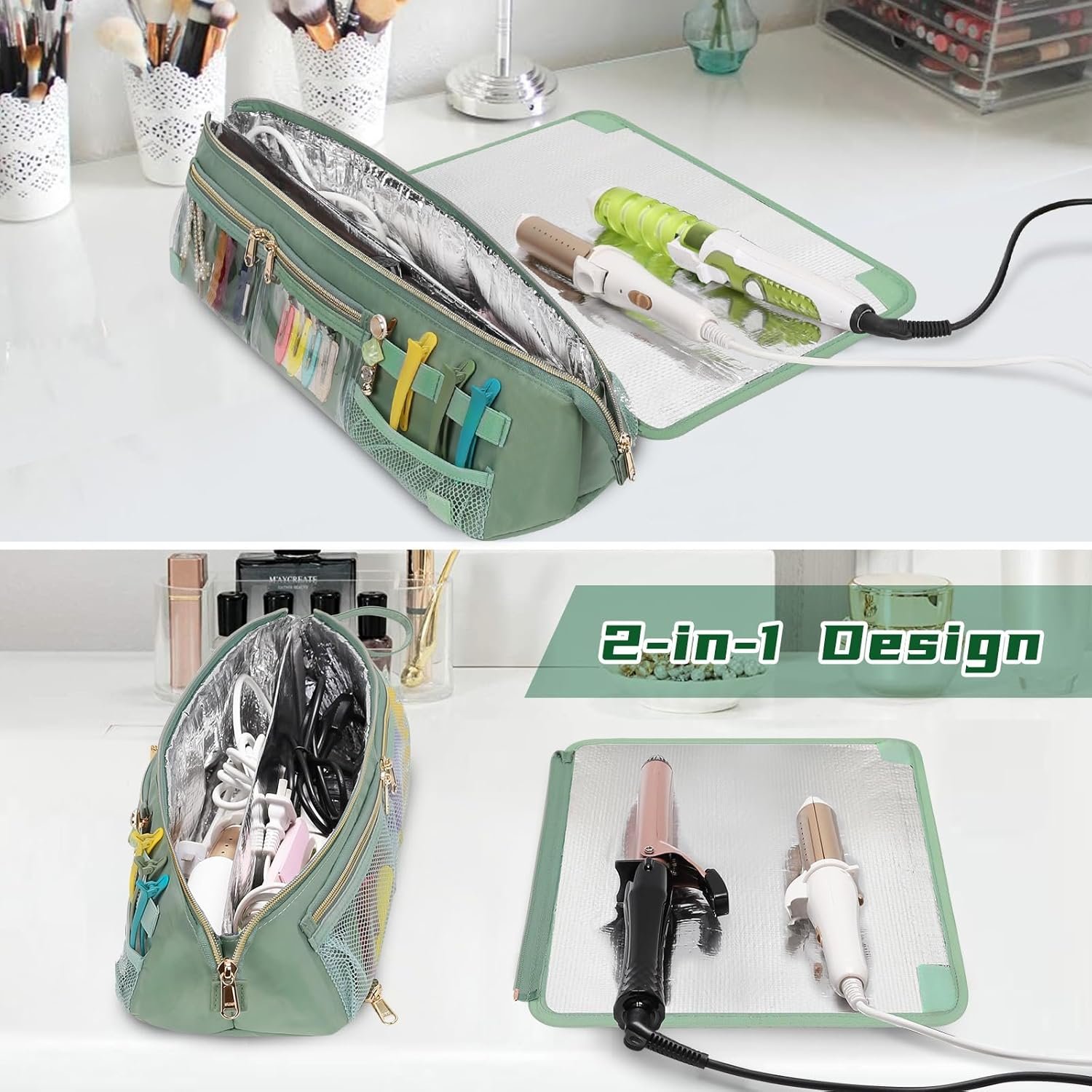 Ethereal 2-in-1 Hair Tools Travel Bag and Tinfoil Heat Resistant Mat for Flat Irons, Straighteners, Curling Iron, and Haircare Accessories, Hot Hair Styling Tool Organizer with Pockets, Green - Image 3