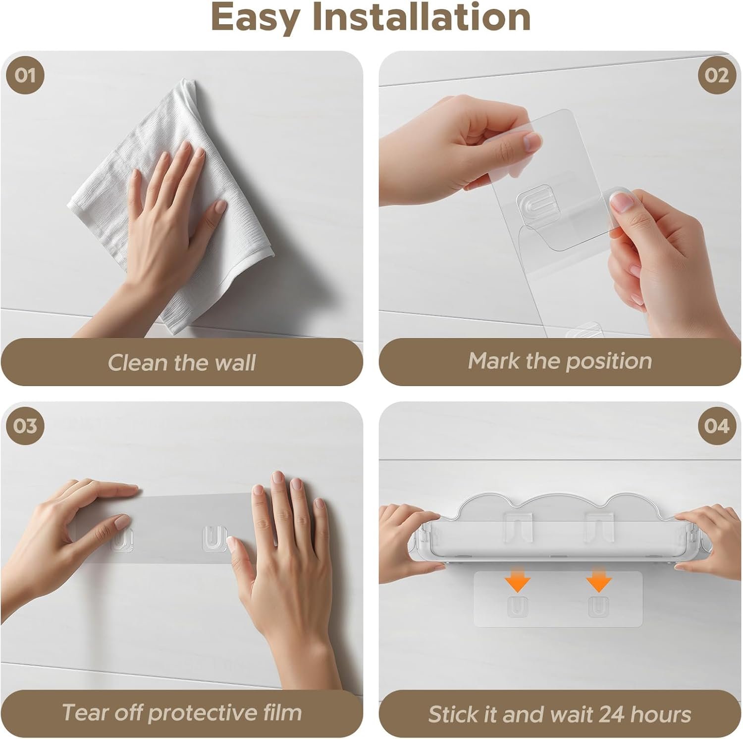 2 Pack Acrylic Shower Caddy Adhesive, No Drilling Bathroom Shower Organizers, with 4 Removable Hooks, Wall Mounted Shower Shelves, Acrylic Shower Holder Storage for Bathroom, Dorm, Kitchen - Image 8