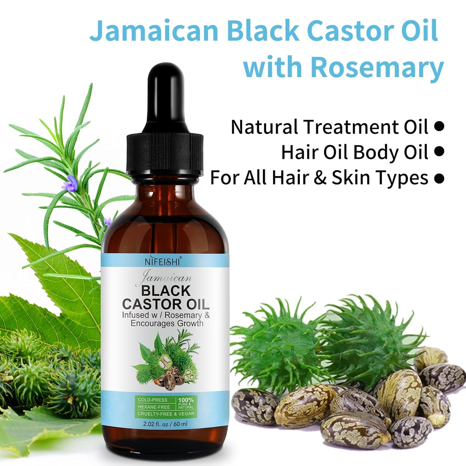 NIFEISHI Organic Castor Oil, 2pcs Pure Natural Jamaican Black Castor Oil Infused with Rosemary, Cold Pressed Glass Bottles, Boost Hair Growth for Thicker, Fuller Hair, Eyelashes & Eyebrows 2.02 fl oz - Image 5