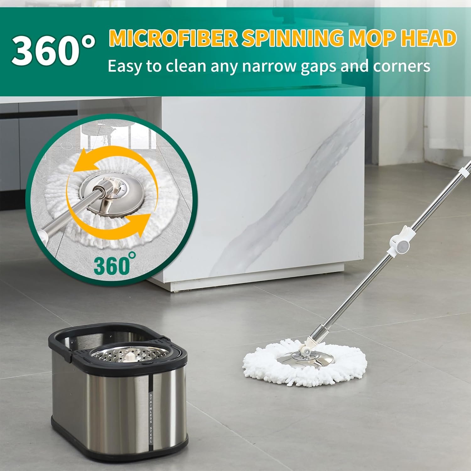 Stainless Steel Spin Mop and Bucket with Wringer Set, 360° Spinning Mop Bucket Floor Cleaning System with 4 Microfiber Mop Replacement Heads - Image 4