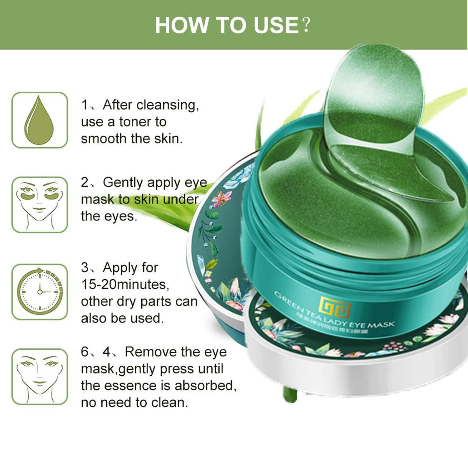 Under Eye Mask, Collagen Eye Mask 60 pcs, Green Tea Extract Under Eye Patches, Eye Mask for Puffy Eyes, Undereye Dark Circles Treatments, Under Eye Pads, Anti-Wrinkle Gel Pads - Image 4