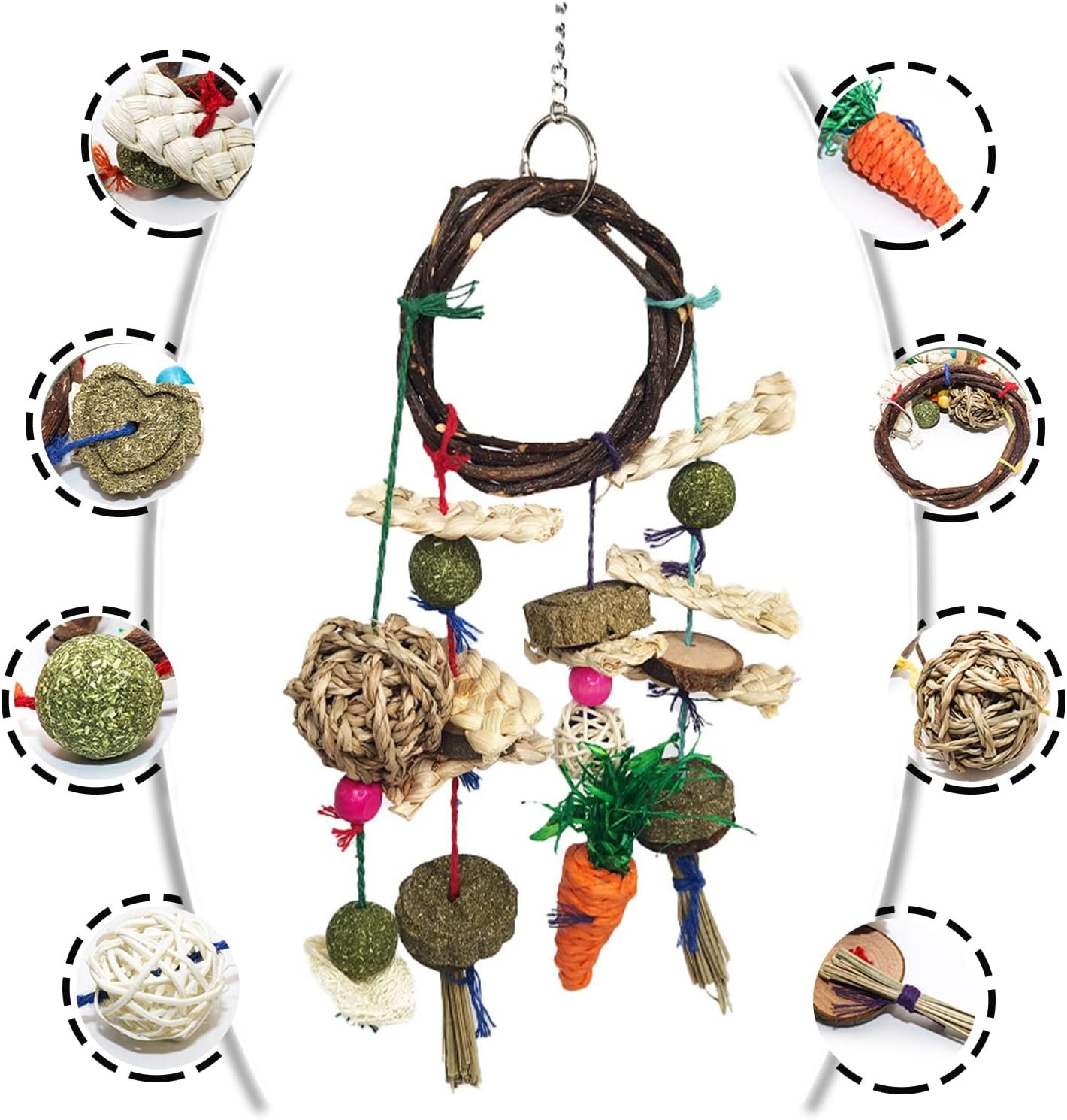 Grddaef Rabbit Chew Toy, Bunny Cage Hanging Toy Rattan Ring Treats Grinding Teeth for Rabbit Guinea Pig Chinchilla Hamster Ferret - Image 3