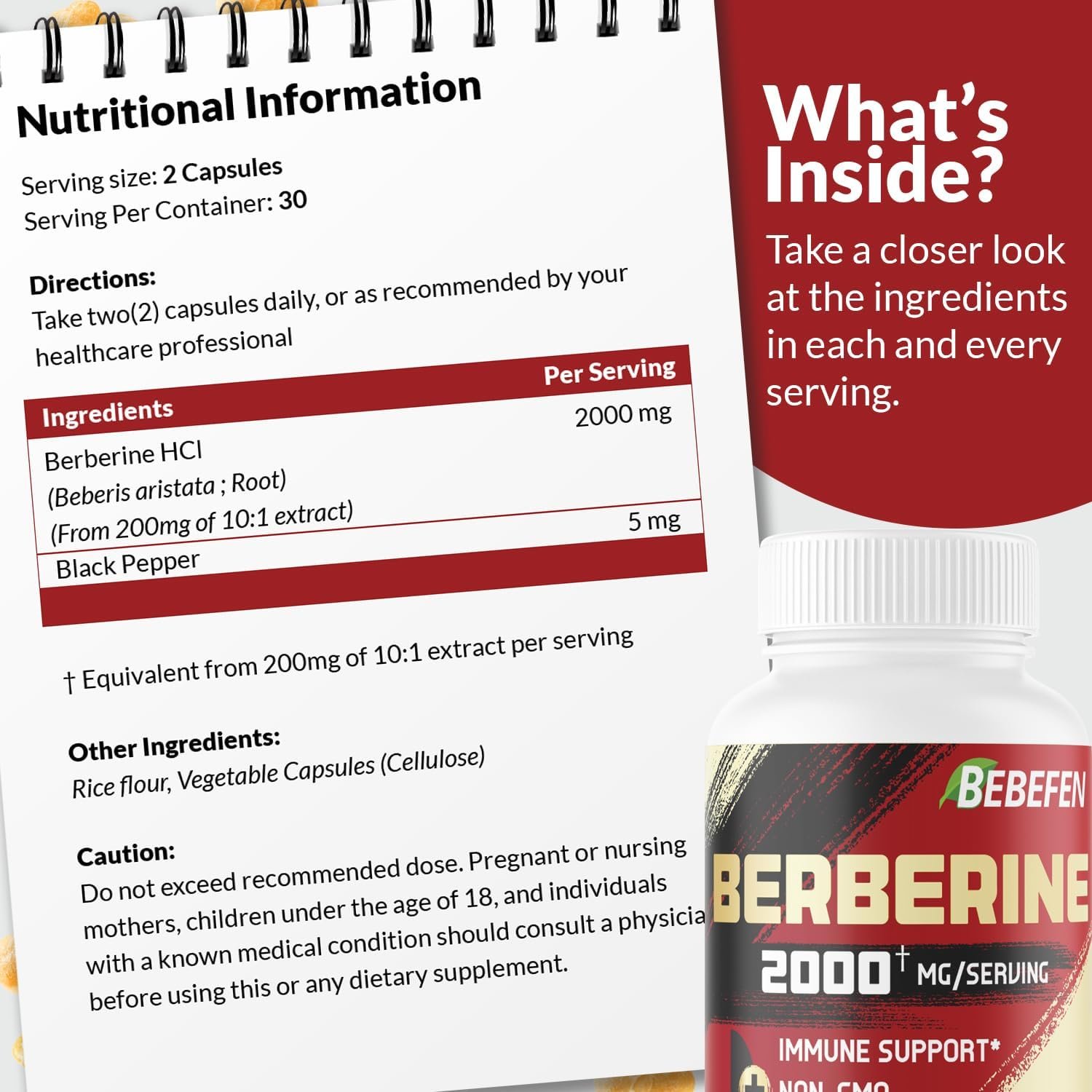 BEBEFEN Berberine HCL Supplement 2000mg - Supports Immune System, Cardiovascular Health - Non GMO | Gluten Free - Image 5