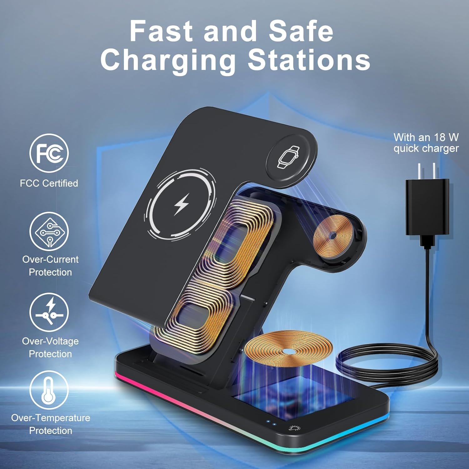 3 in 1 Charging Station Wireless Charger iPhone Fast Charger Foldable Charging Stand for Apple Multiple Devices with an 18 W Quick Charger for iPhone 16/15/14/13 Pro Max Apple Watch AriPods Pro 2 - Image 3