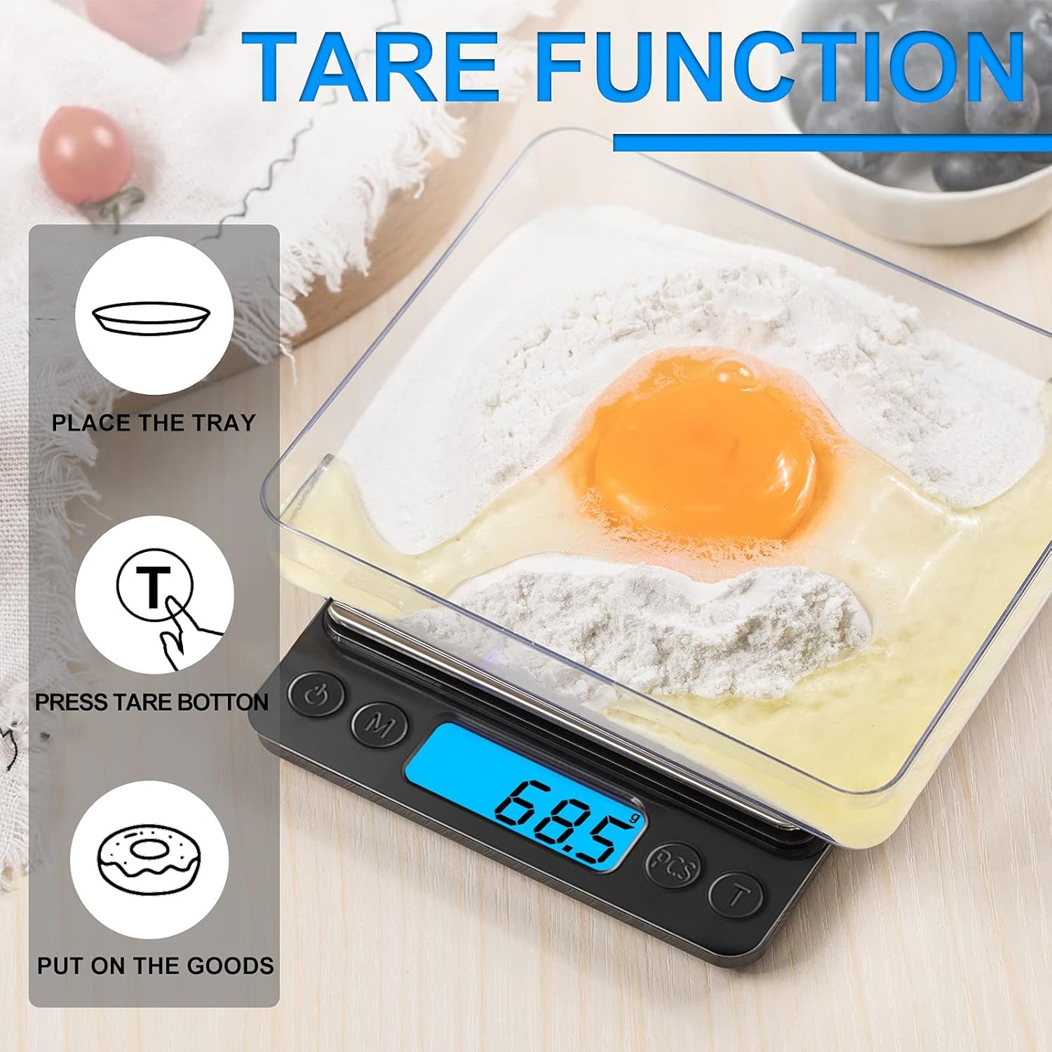 Digital Food Kitchen Scale Upgraded, YONCON 3000g/0.1g High Accuracy Mini Pocket Scale Measures in Grams and oz for Cooking, Baking, Jewelry, Tare Function,2 Trays, LCD Display (Batteries Included) - Image 5