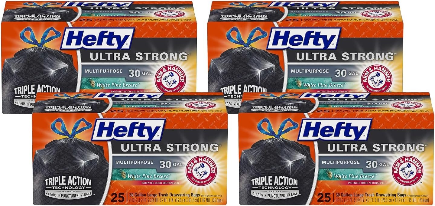 Hefty Ultra Strong Multipurpose Trash Bags, Black Large Flexible Bags with Drawstring, White Pine Breeze Scent, 30 Gallon Bags, 25 CT Bags Per Pack (Pack of 4) - Image 2