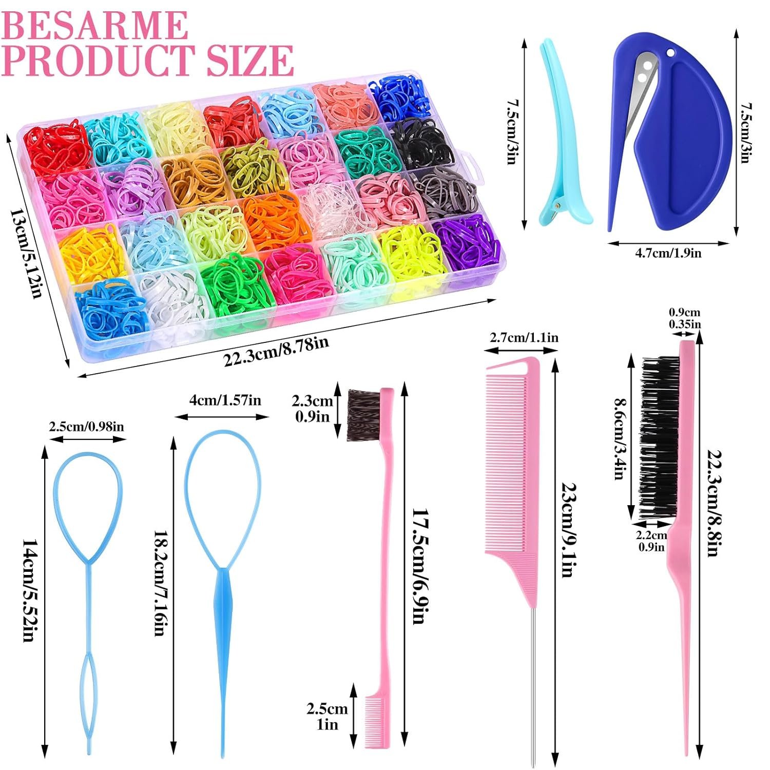 BESARME 28 Colors Rubber Bands for Hair with 7 Hair Styling Tools, 2100 Pcs Colorful Elastic Hair Ties Ponytail Holders Hair Accessories for Girls Baby Toddler Christmas Gifts - Image 3