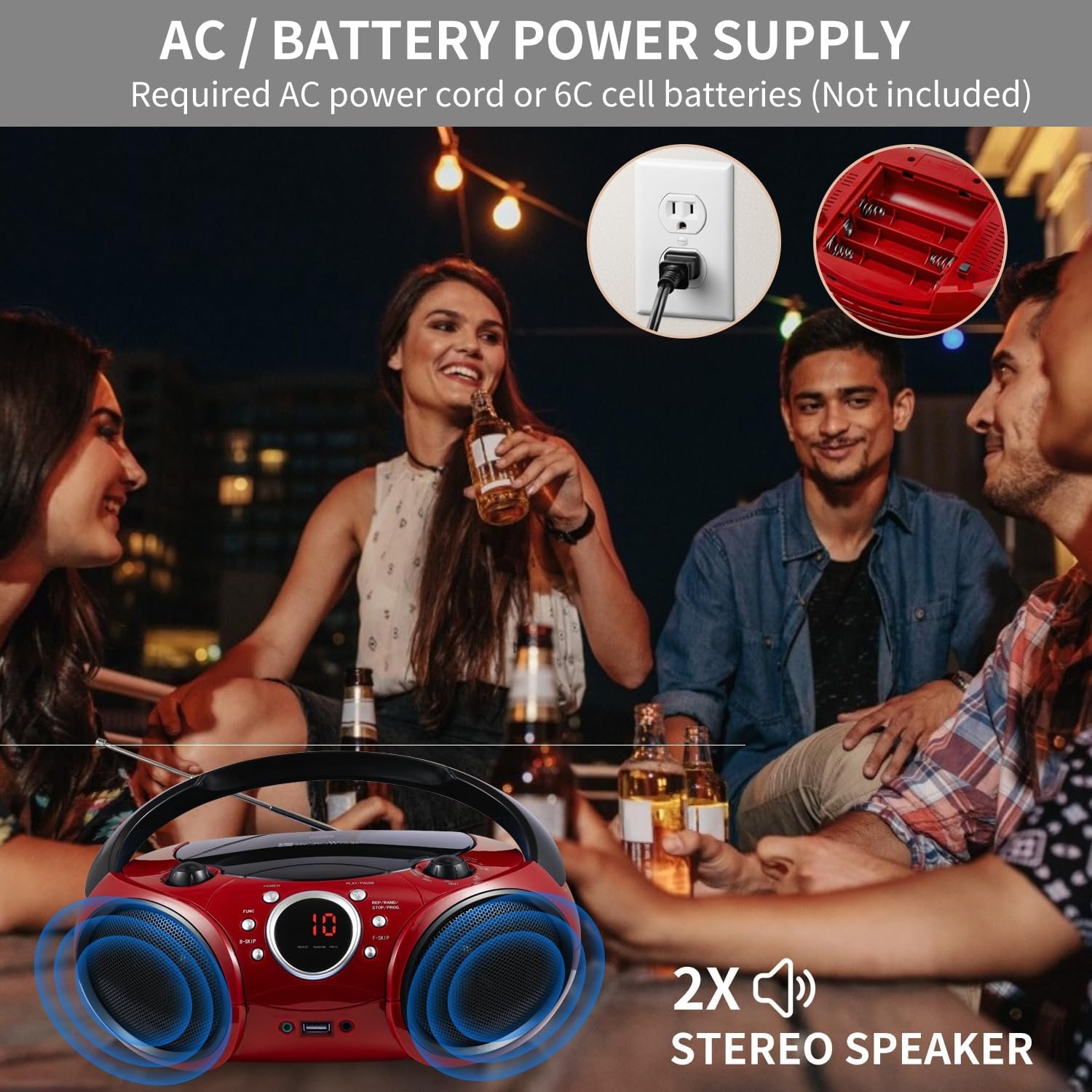 Singingwood 030BT(2025 Version) CD Player Boombox with AM FM Radio, Bluetooth, USB Port CD-R/RW, MP3 CDs Compatible, 3.5mm Aux Input, Headphone Jack and LED Display for CD(Firmist Red) - Image 4