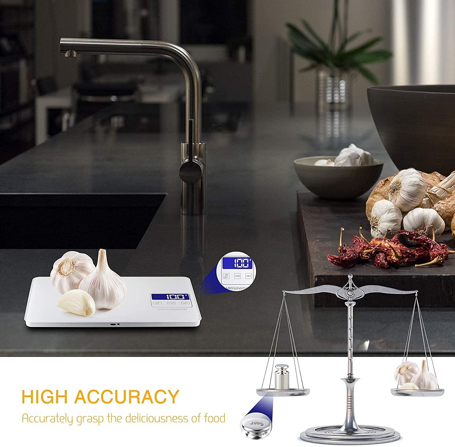MegaWise Precision Food Scale, 33lb Waterproof Rechargeable Digital Kitchen Scale, 1g/0.04oz Precise Graduation, Weight Grams and Ounces for Cooking Baking, 5 Units Conversion, Tare Function - Image 6