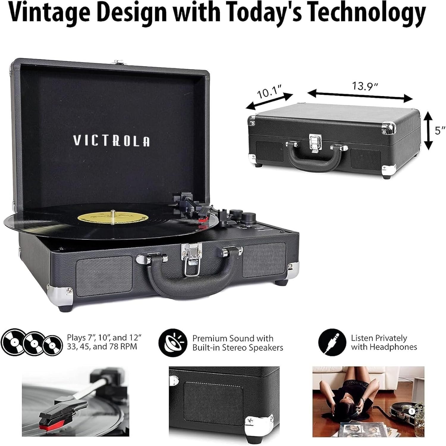 Victrola Vintage 3-Speed Bluetooth Portable Suitcase Record Player with Built-in Speakers | Upgraded Turntable Audio Sound|Cobalt Blue, Model Number: VSC-550BT-COB - Image 5