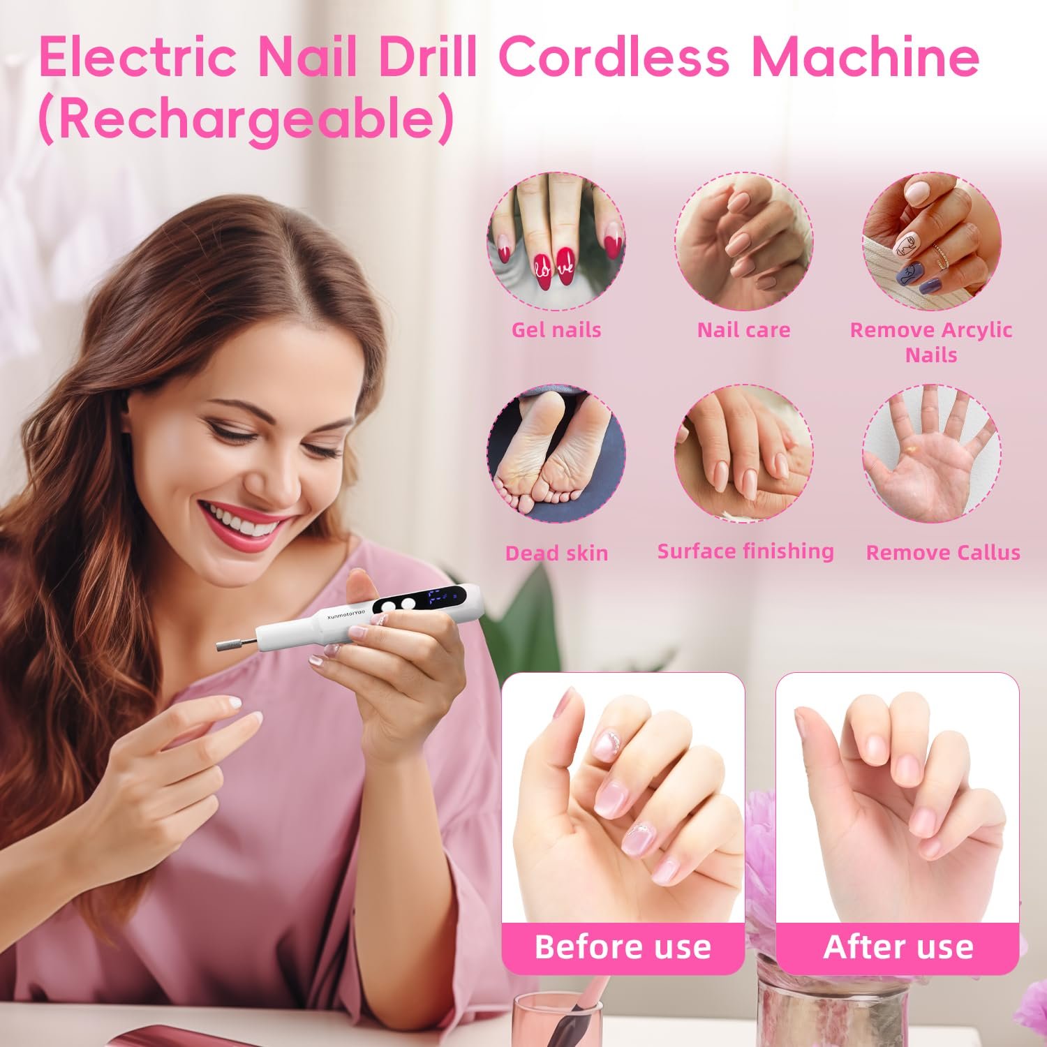 Rechargeable Cordless Electric Nail Drill, 12 in 1 Professinal Nail File Set for Feet, 3 Speeds Efile Manicure and Pedicure Kit with Nail Drill Bits for Polishing Grinding Trimming Toenail (White) - Image 3