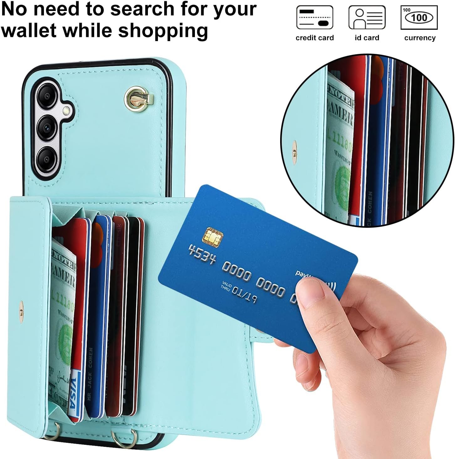 Asuwish Phone Case for Samsung Galaxy A14/M14 5G Wallet Cover with RFID Blocking Credit Card Holder Wrist Crossbody Strap Lanyard Stand Leather Girls Cell Accessories A 14 4G 14A 14M G5 Women Men Teal - Image 3