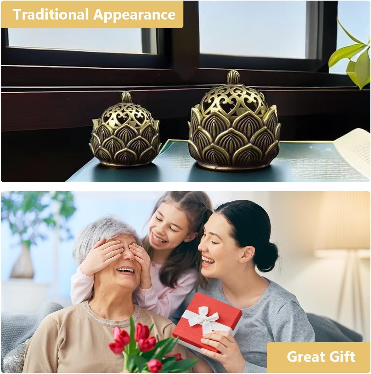 2 Pcs Mini Brass Lotus Flower Incense Holder Small Inscent Cone Burner Calligraphy Style Closed Incense for Incense Cones Home Office Zen Aromatherapy Ornament Meditation Spa Decoration - Image 7