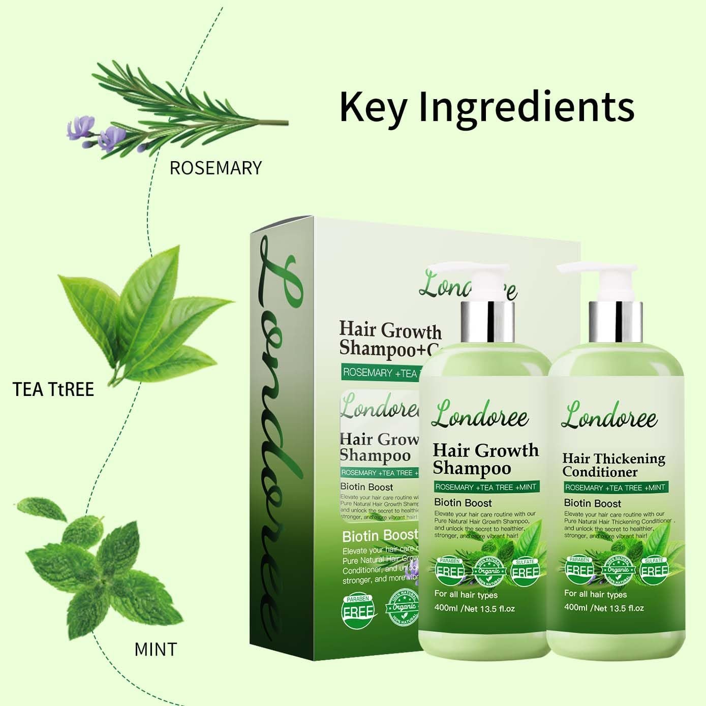 Rosemary Hair Growth Shampoo & Conditioner - Thickening & Re-Growth Formula for Men & Women,(400ml) Mint Strengthening Rosemary Set with Tea Tree For Hair Loss (Rosemary Shampoo & Conditioner) - Image 5