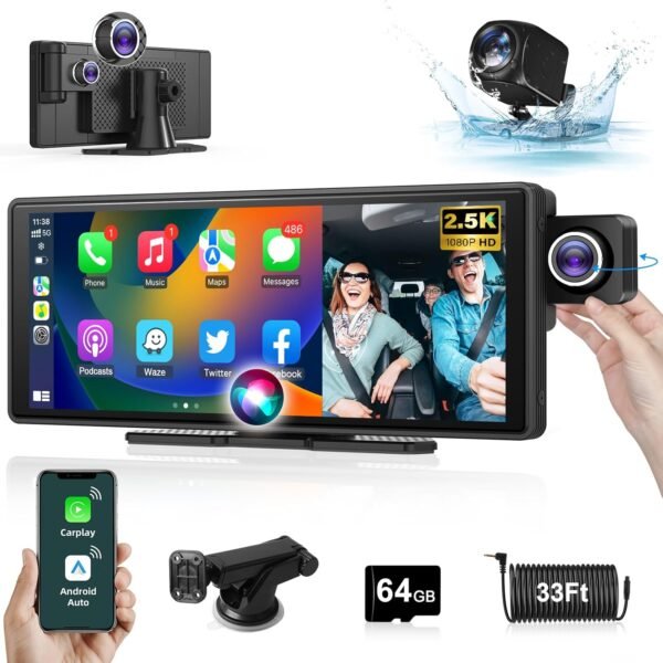 【Lens Flip】 10.26''Wireless CarPlay Screen for Car 2.5K Dash Cam with Backup Camera Portable Android Auto Car Stereo, GPS Navigation, Bluetooth, AirPlay, AUX/FM, Siri for All Vehicle - Image 2