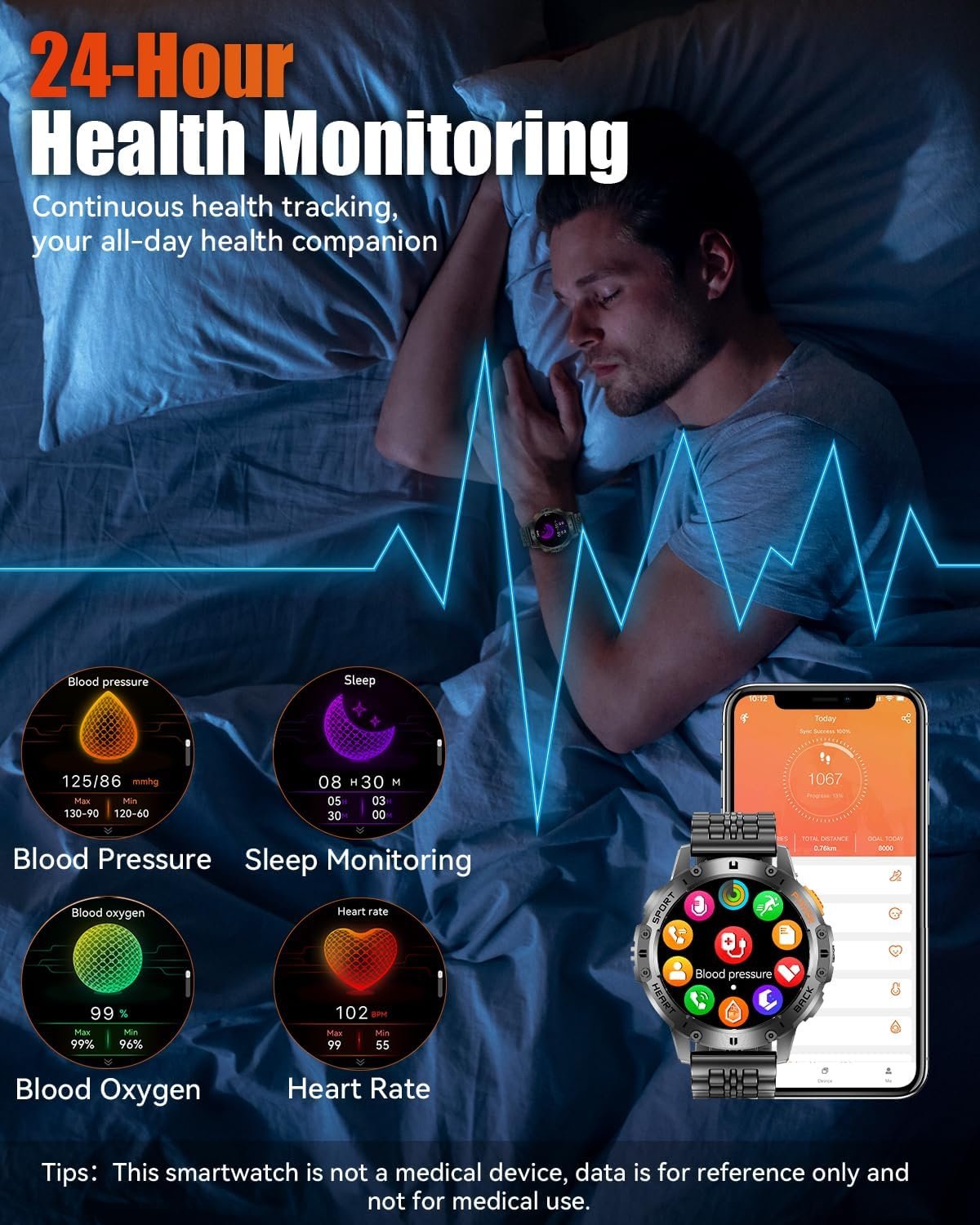 Military Smart Watches for Men with Bluetooth Call, 1.43" AMOLED Waterproof Smartwatch with Flashlight, 111 Sport Modes, 530mAh Heart Rate/SpO2/Sleep Monitor Fitness Tracker for Android iOS - Image 6
