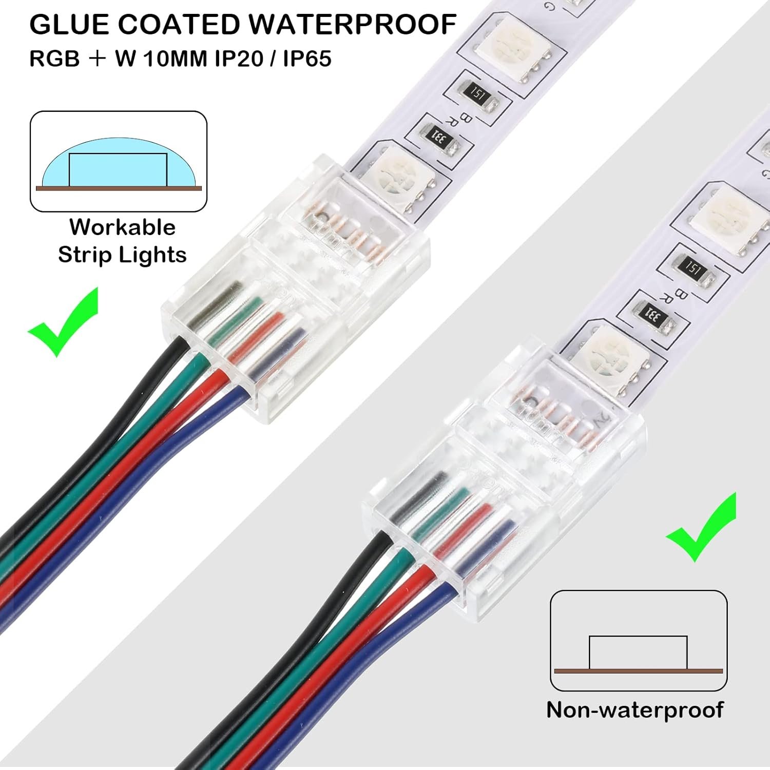 Flutesan 20 Pcs 4 Pin 10 mm LED Strip Connector RGB LED Strip Lights Waterproof Adapter Connectors 22 AWG Wires Connector for Strip Light Unwired Gapless Track Connector 5v 12v 24v - Image 6