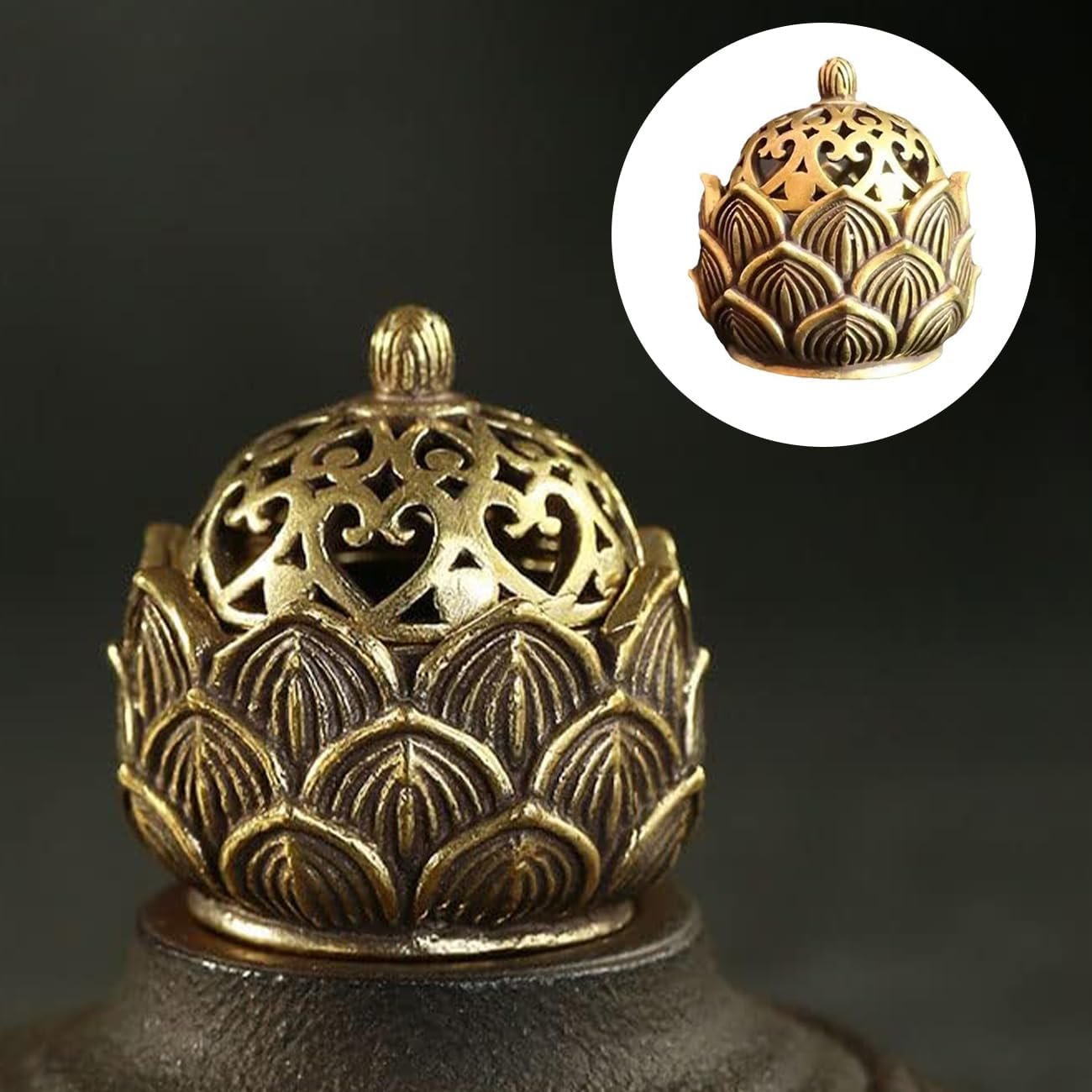 2 Pcs Mini Brass Lotus Flower Incense Holder Small Inscent Cone Burner Calligraphy Style Closed Incense for Incense Cones Home Office Zen Aromatherapy Ornament Meditation Spa Decoration - Image 4