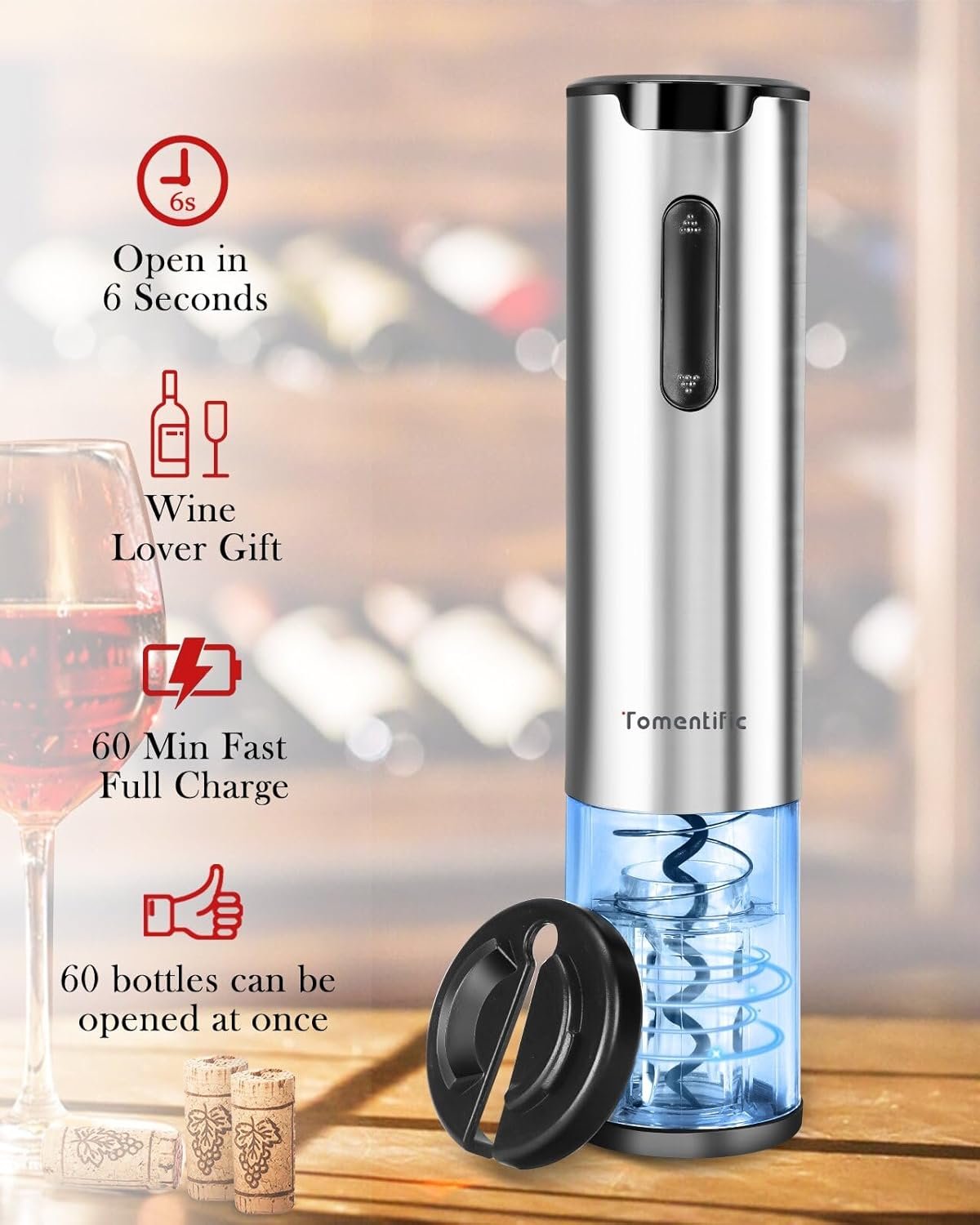 Electric Wine Opener Tomentific, Rechargeable Automatic Wine Corkscrew Bottle Opener With Foil Cutter, Type-C Charging Wine Openers With LED Light For Home Party Wedding Gifts (Stainless Steel) - Image 6