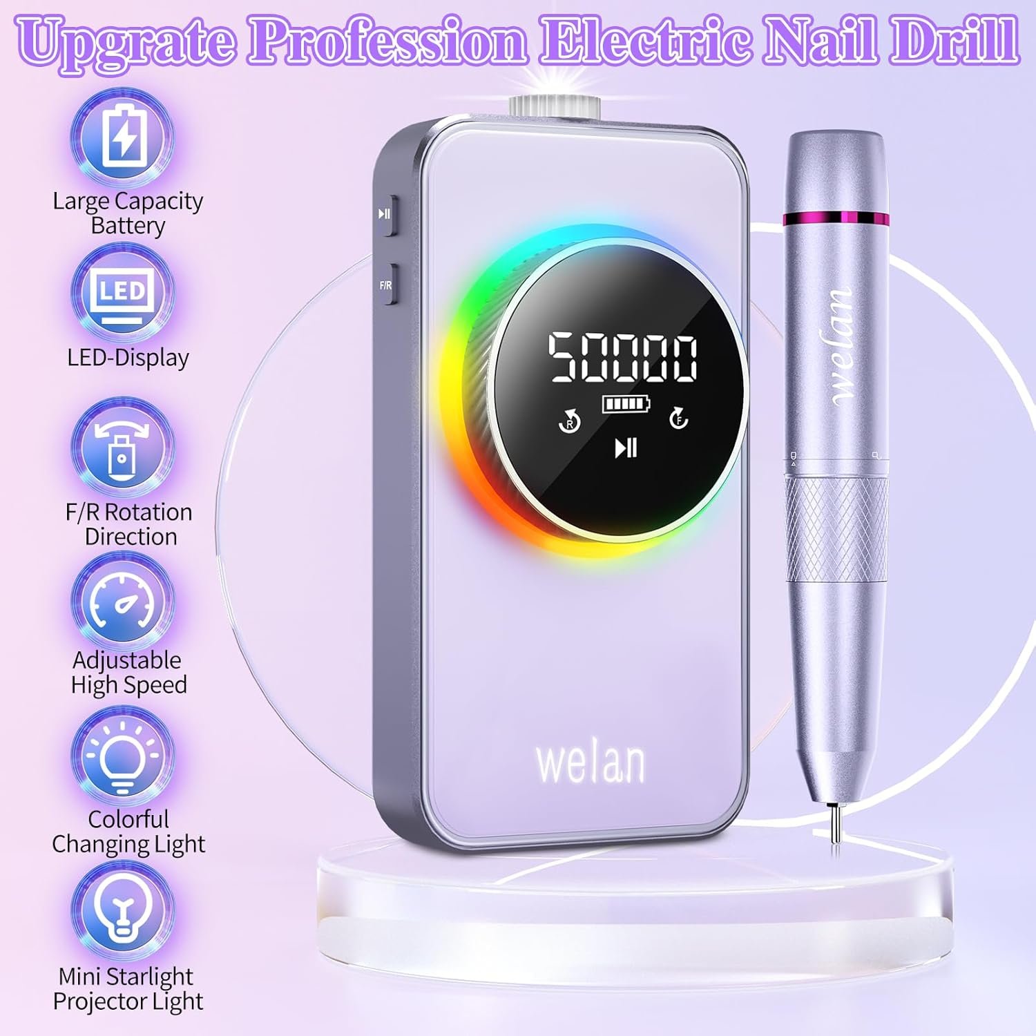 Electric Nail Drill Professional 50000RPM, Electric Nail File Portable Nail Drill Kit, 6000mAh Rechargeable Nail Drill Machine for Acrylic Gel Nails, Manicure Polishing Nail for Salon Home - Image 3