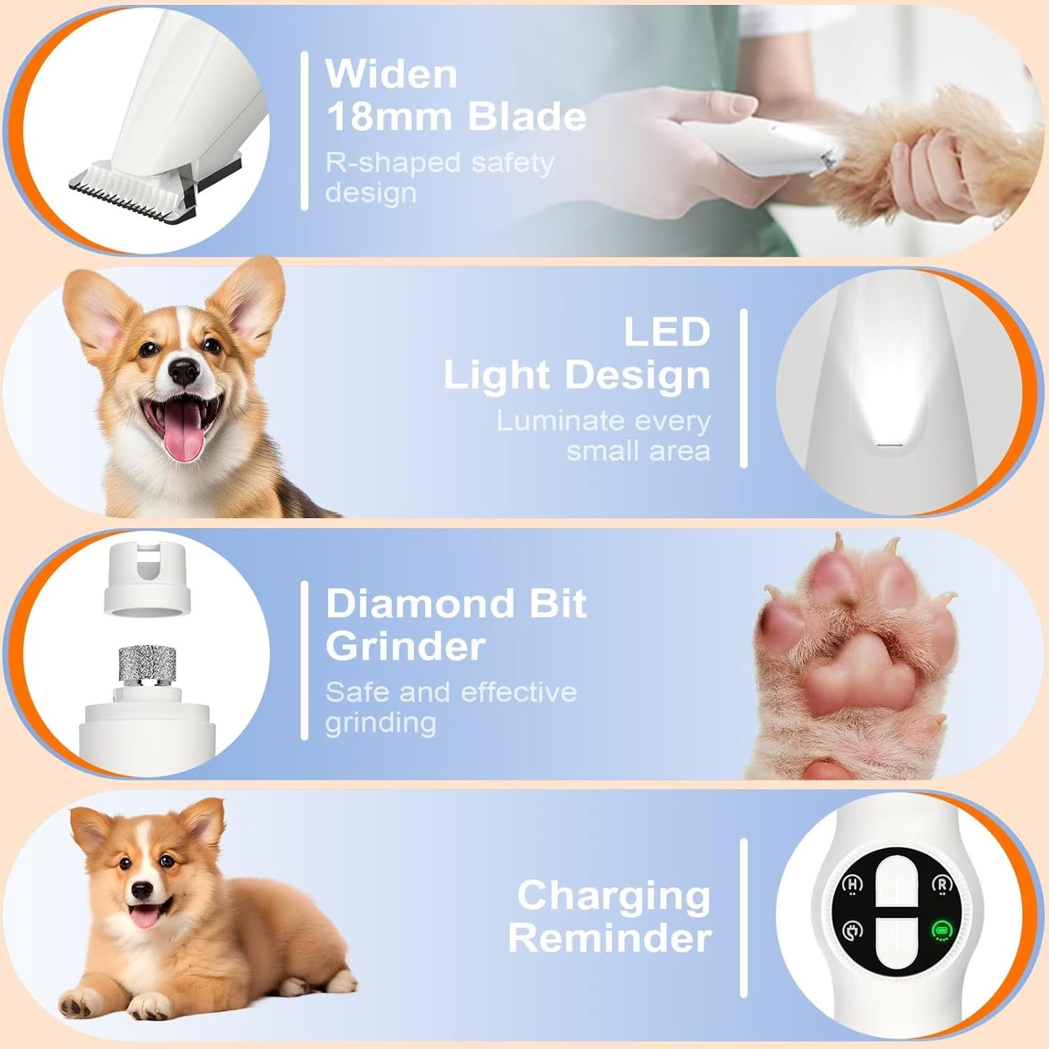 Dog Paw Trimmer with LED Light, Upgraded 2 in 1 Dog Grooming Kit, Cordless Dog Nail Trimmers Grinder with 3 Ports for Small Medium Large Dogs, Pet Micro Precision Electric Trimmer for Paws Eyes Ears - Image 8